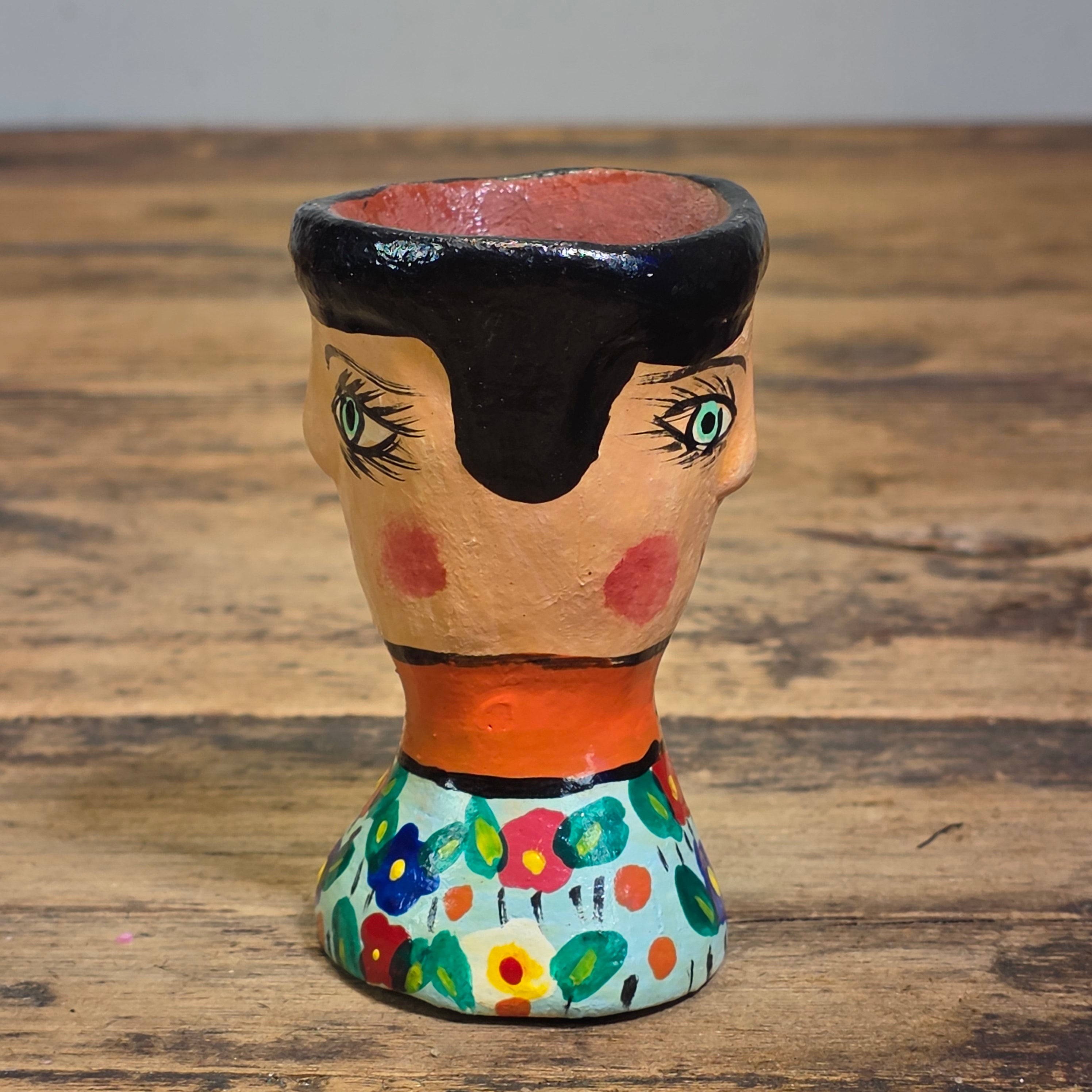 Vintage Guatemala Folk Art Face Planter Egg Cup Ceramic Hand Painted Floral Mini