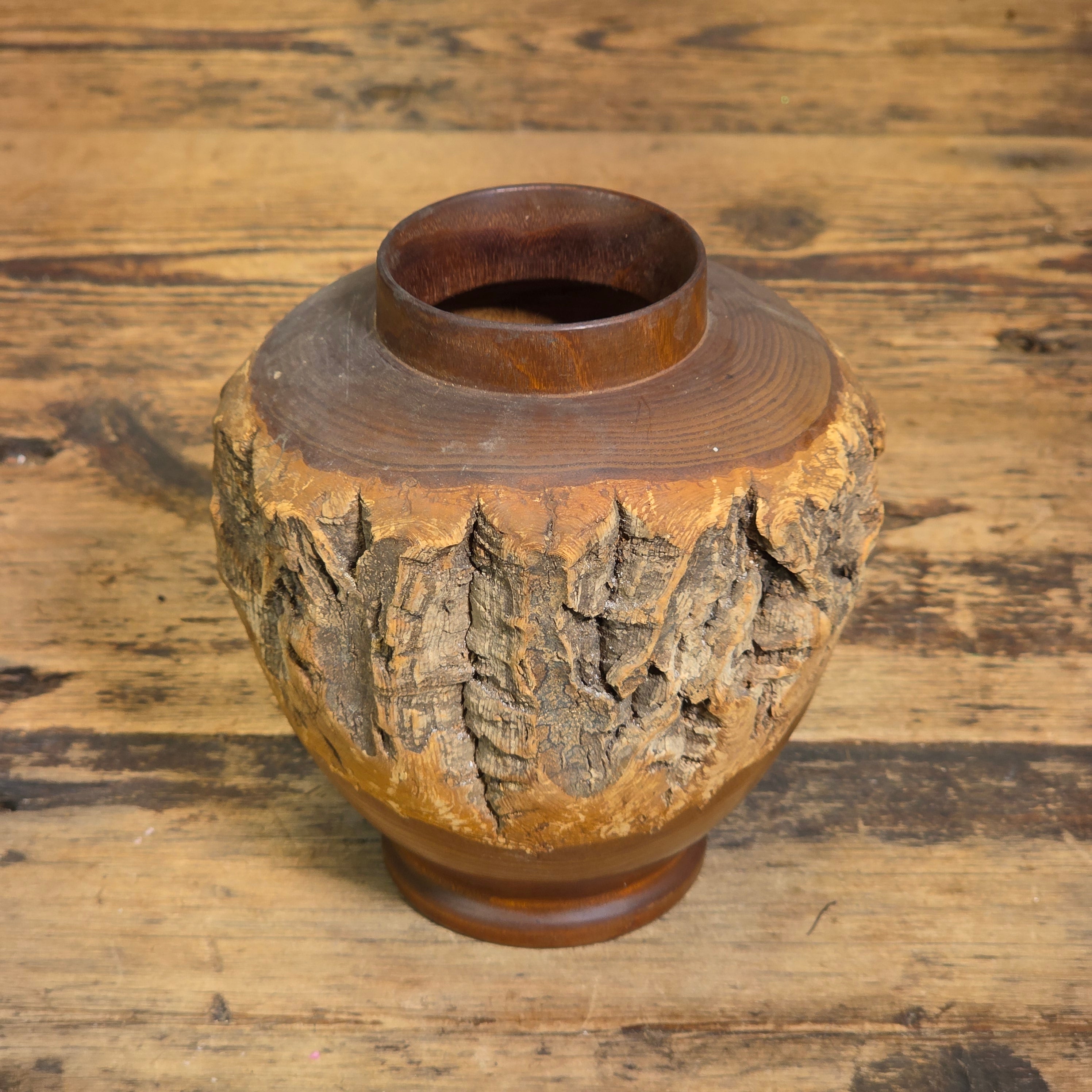 Vintage 1969 Japanese Live Edge Wood Vase Hand Turned Bark Nikko Art Pencil Hold