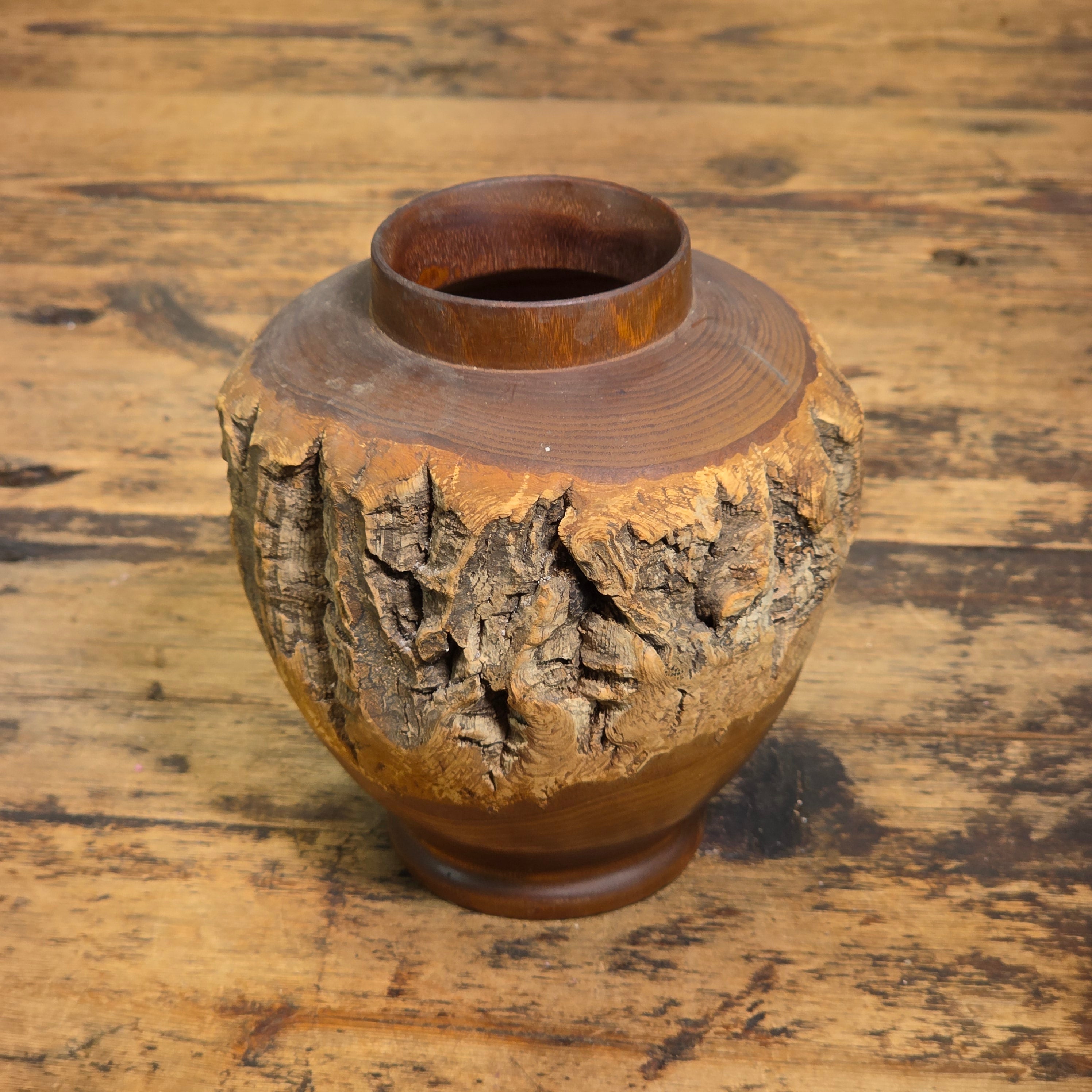 Vintage 1969 Japanese Live Edge Wood Vase Hand Turned Bark Nikko Art Pencil Hold