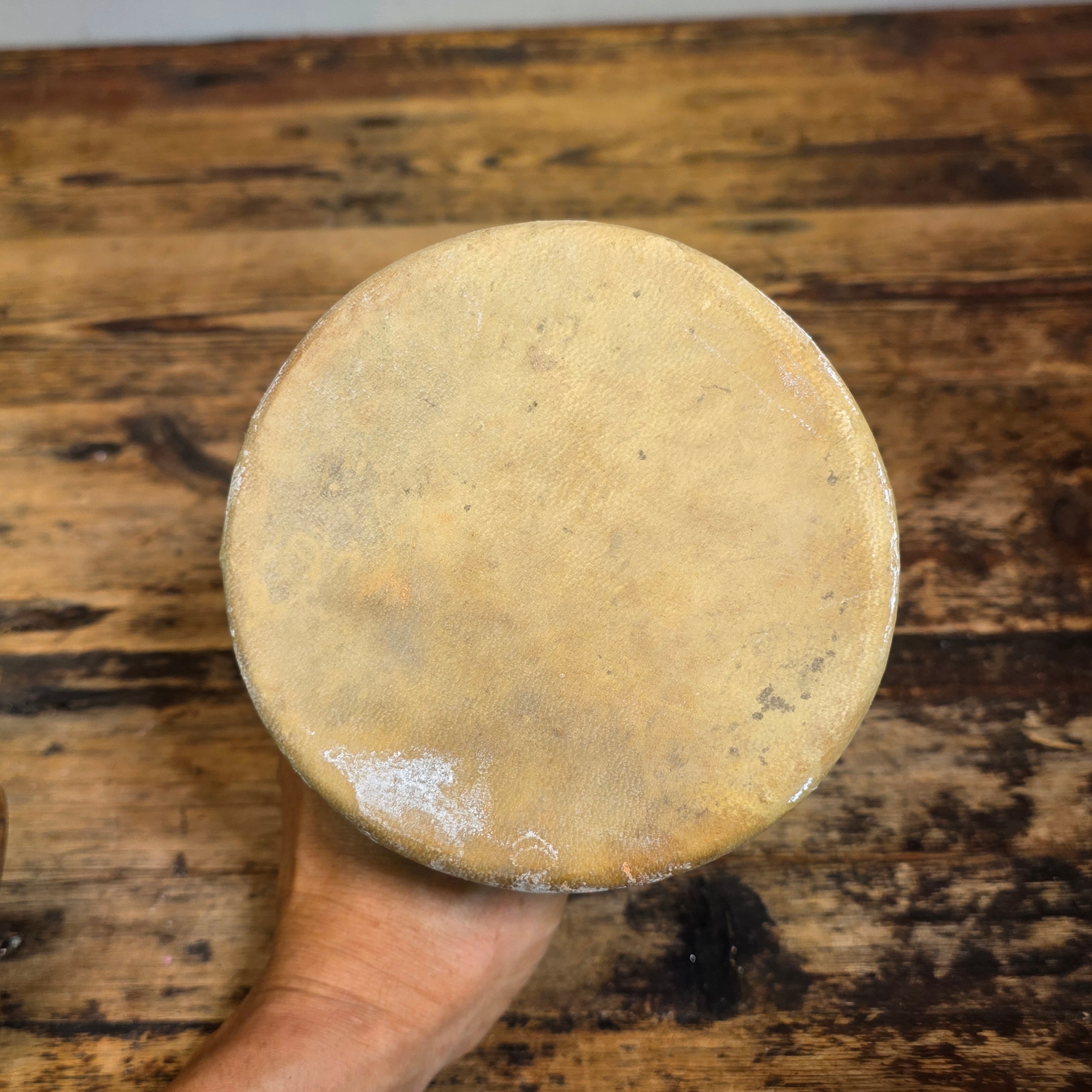 Vintage Moroccan Taarija Clay Hand Drum Terracotta Goat Skin Folk Art Percussion