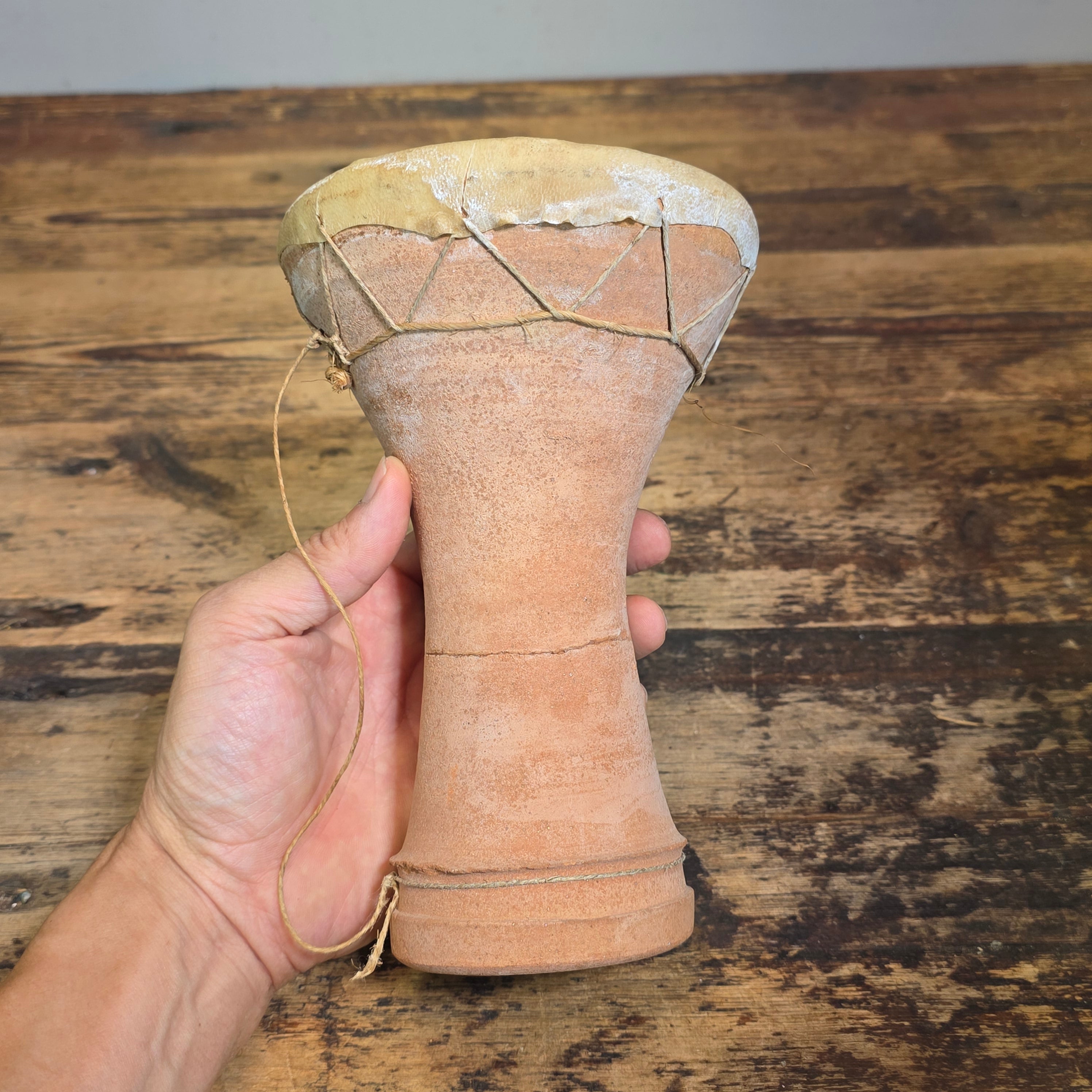 Vintage Moroccan Taarija Clay Hand Drum Terracotta Goat Skin Folk Art Percussion
