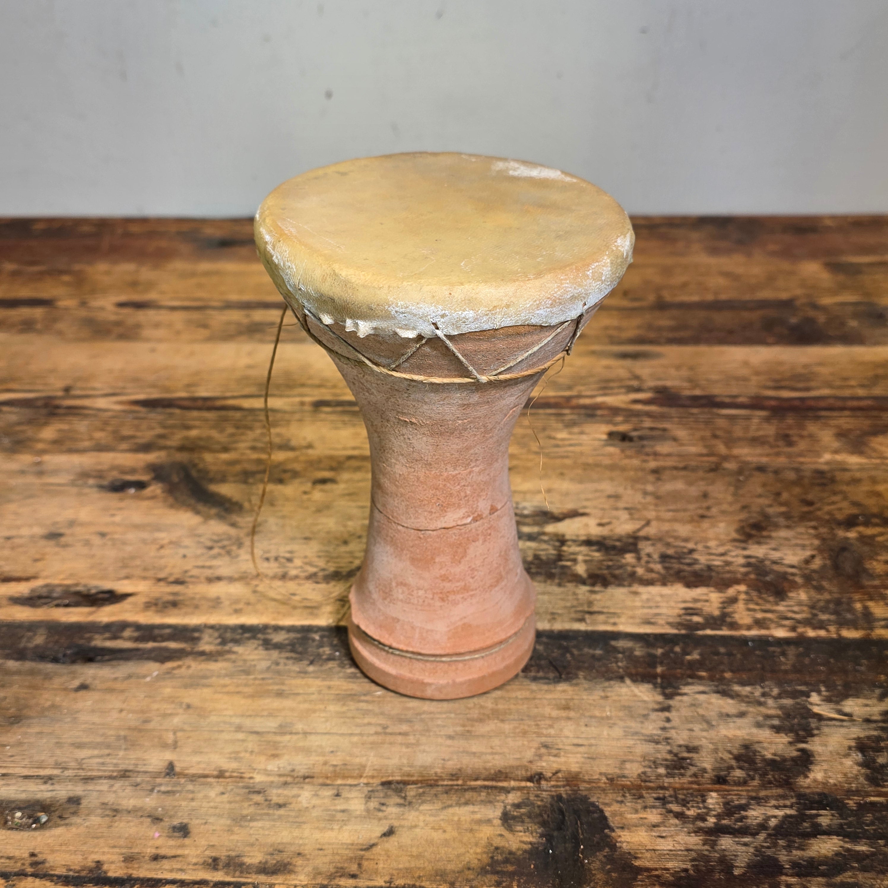 Vintage Moroccan Taarija Clay Hand Drum Terracotta Goat Skin Folk Art Percussion
