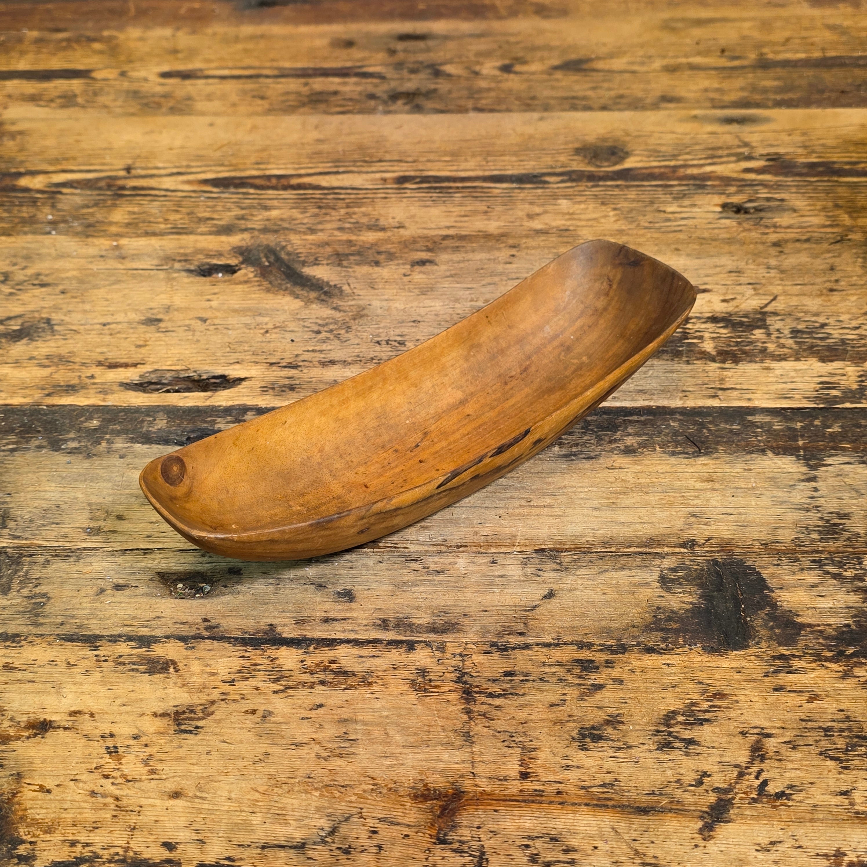 Share Vintage Mid Century Hand Carved Wooden Bowl Canoe Scoop Tray Signed Chan 10" Art