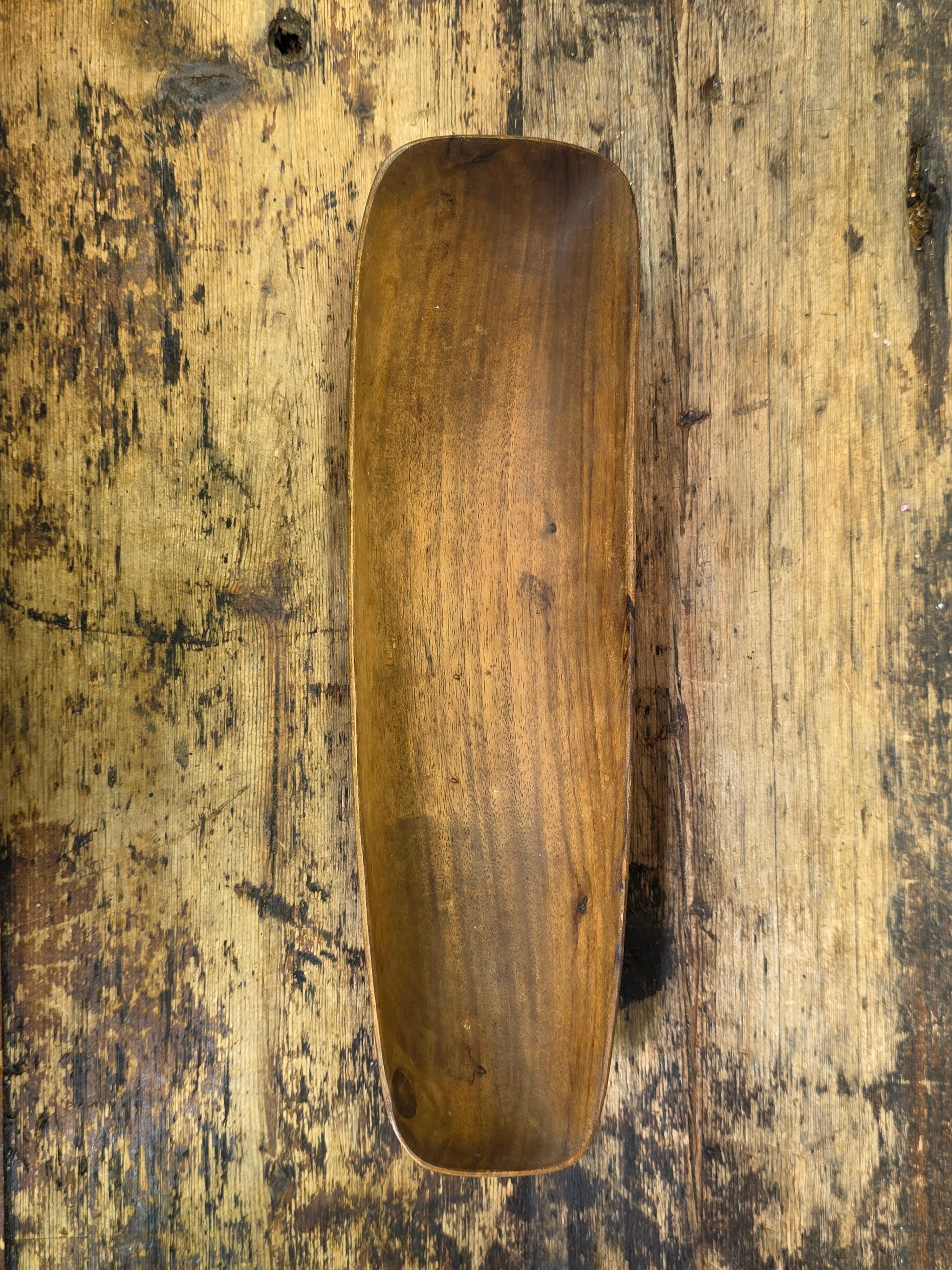 Share Vintage Mid Century Hand Carved Wooden Bowl Canoe Scoop Tray Signed Chan 10" Art