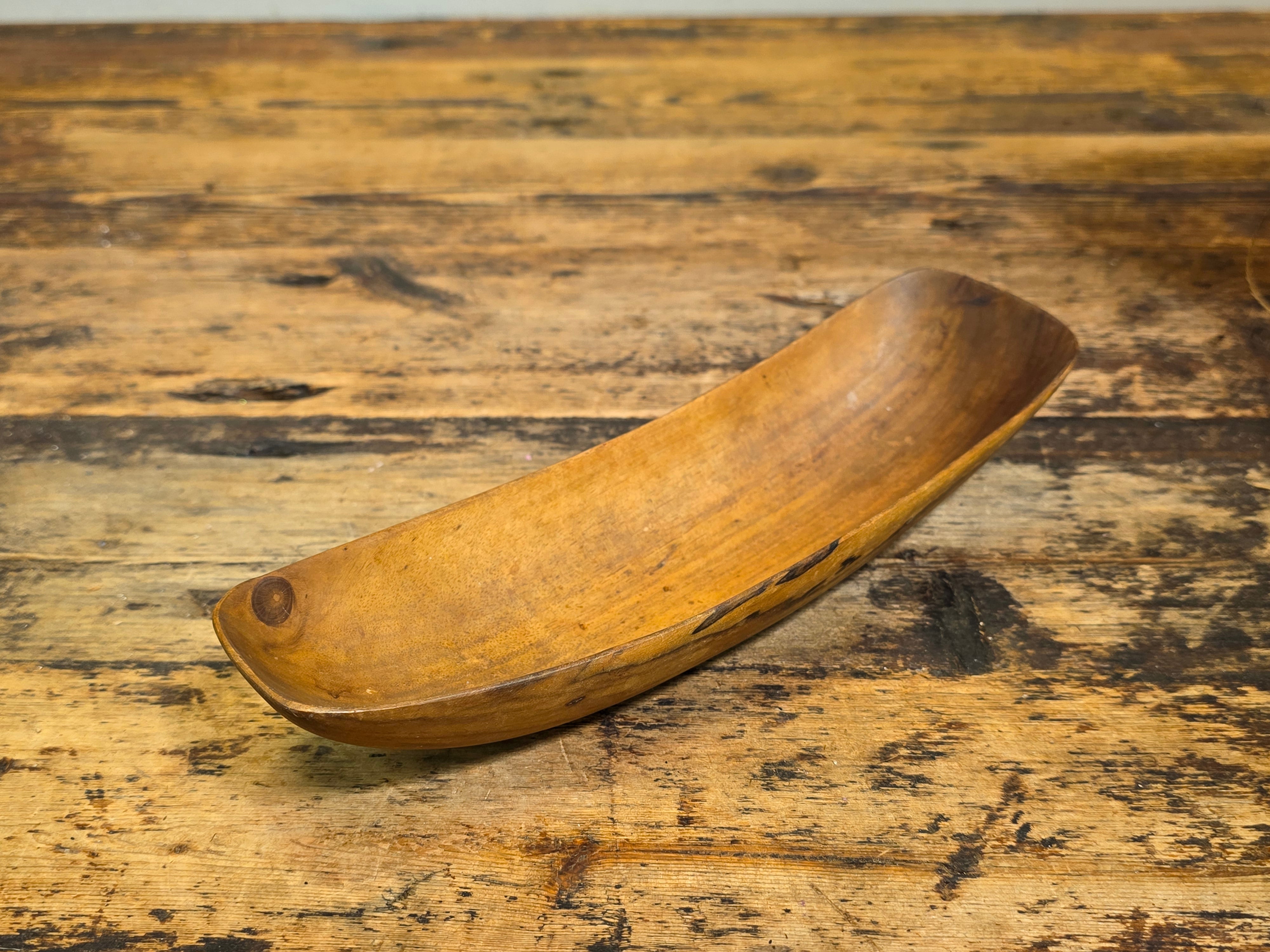 Share Vintage Mid Century Hand Carved Wooden Bowl Canoe Scoop Tray Signed Chan 10" Art