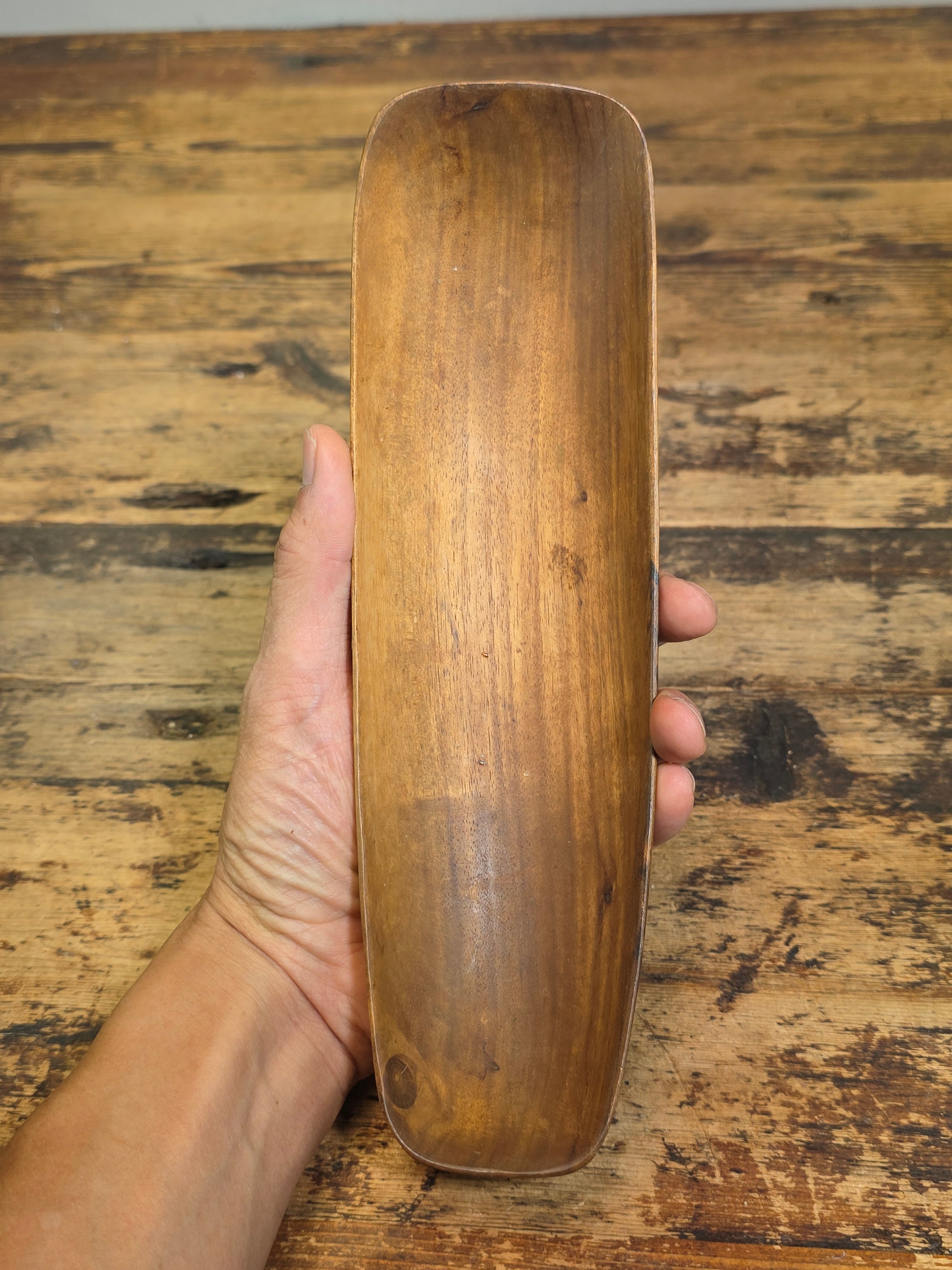 Share Vintage Mid Century Hand Carved Wooden Bowl Canoe Scoop Tray Signed Chan 10" Art