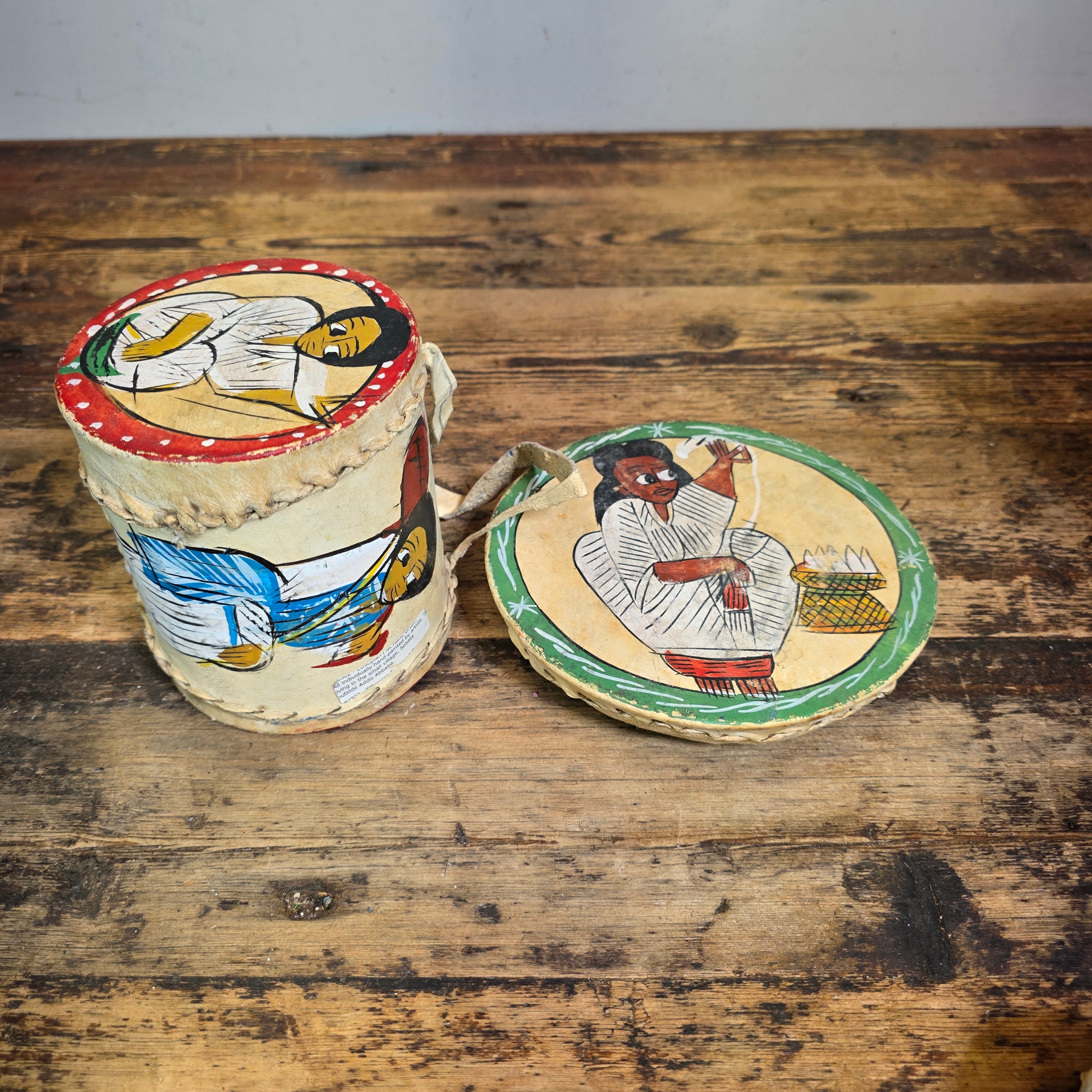 Vintage Ethiopian Leather Drum Flat Hand Drum 2pc Set Sebata Folk Art Painted Wall