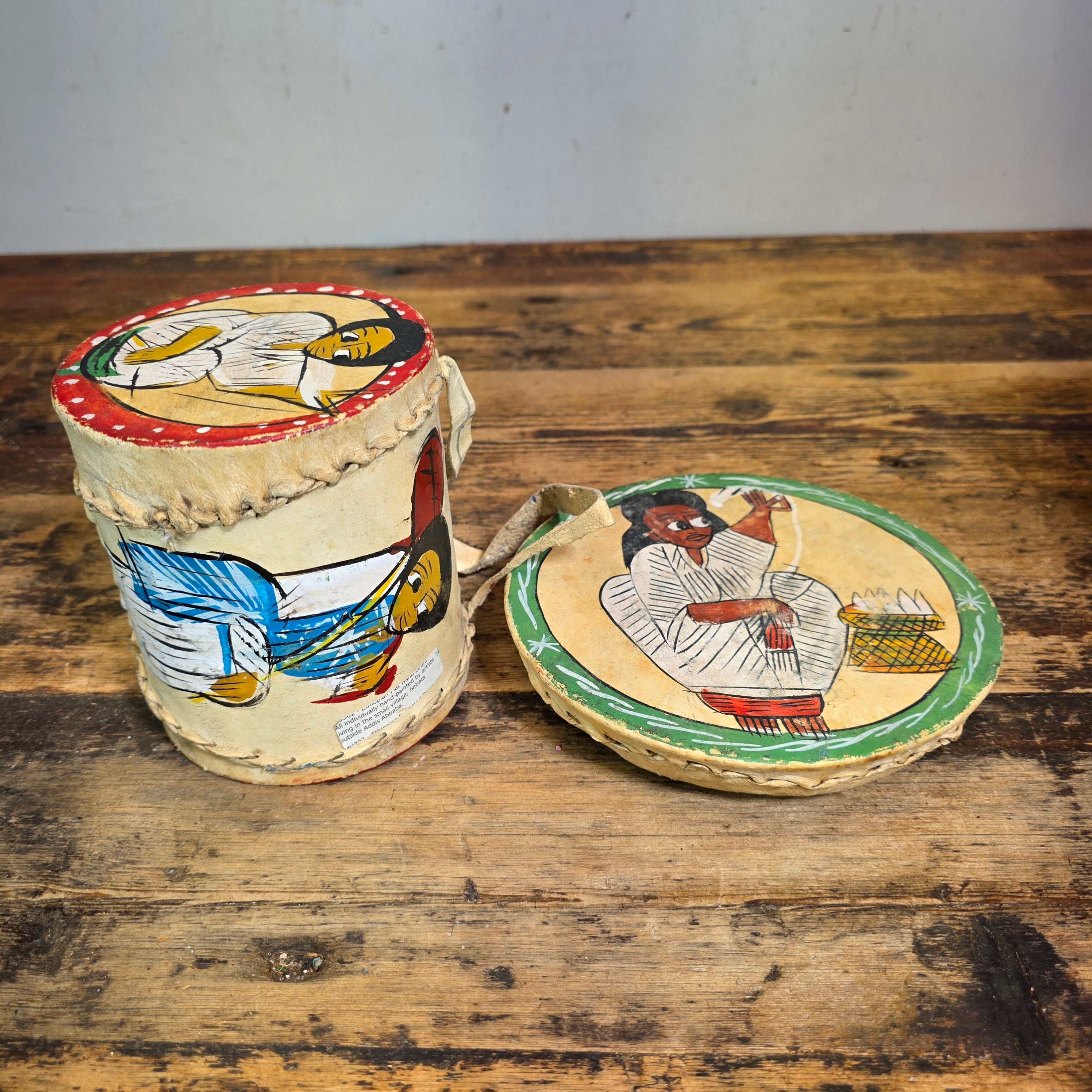 Vintage Ethiopian Leather Drum Flat Hand Drum 2pc Set Sebata Folk Art Painted Wall