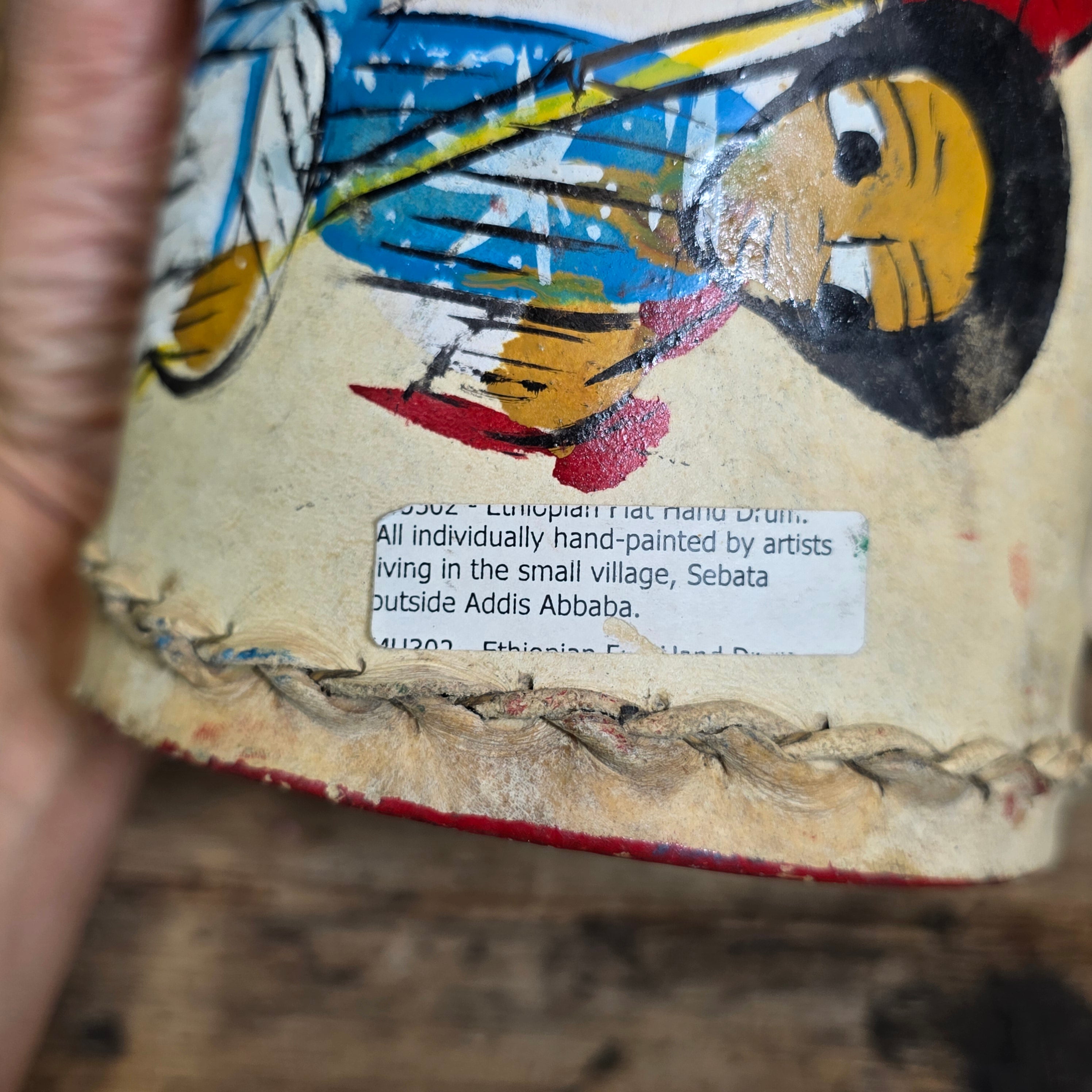 Vintage Ethiopian Leather Drum Flat Hand Drum 2pc Set Sebata Folk Art Painted Wall