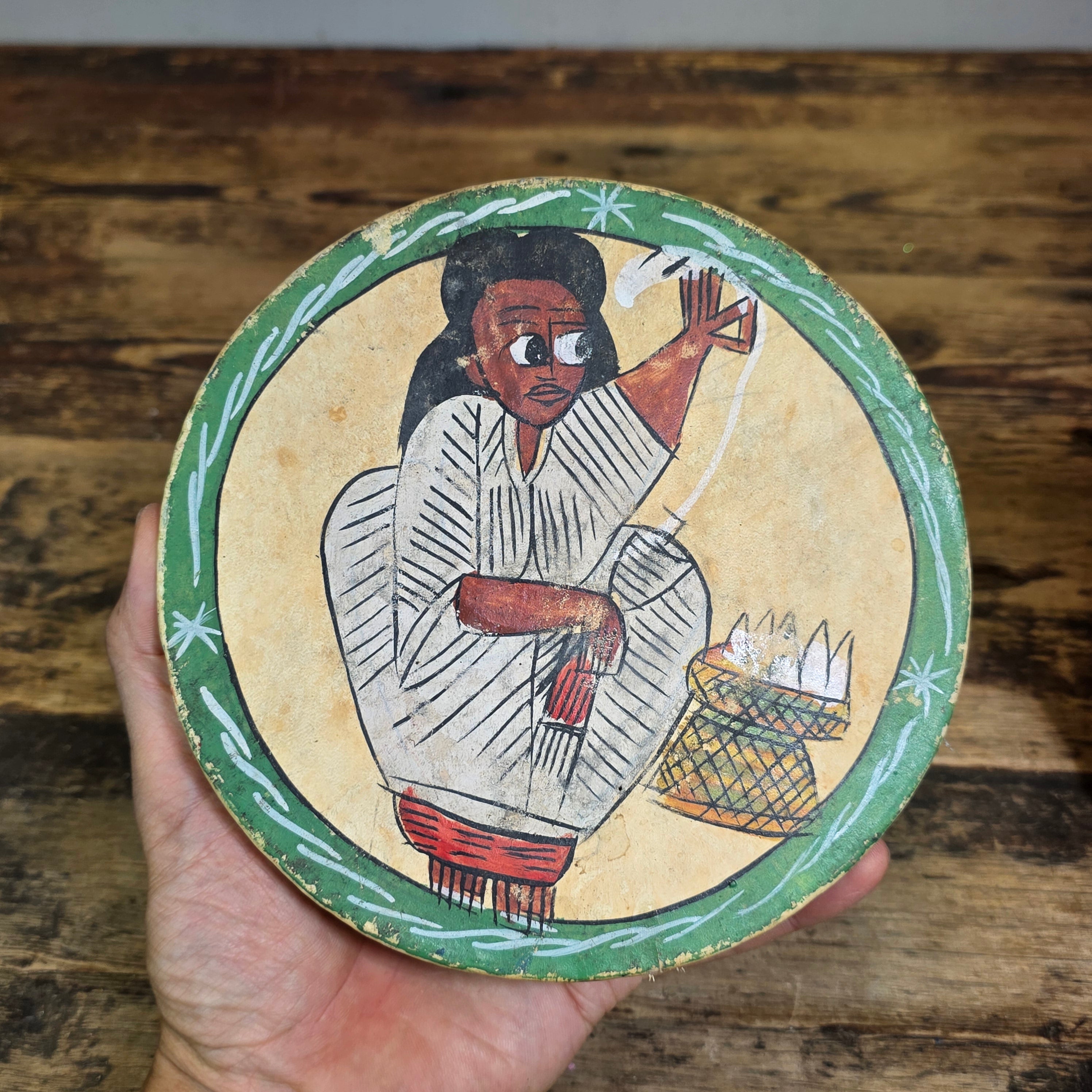 Vintage Ethiopian Leather Drum Flat Hand Drum 2pc Set Sebata Folk Art Painted Wall