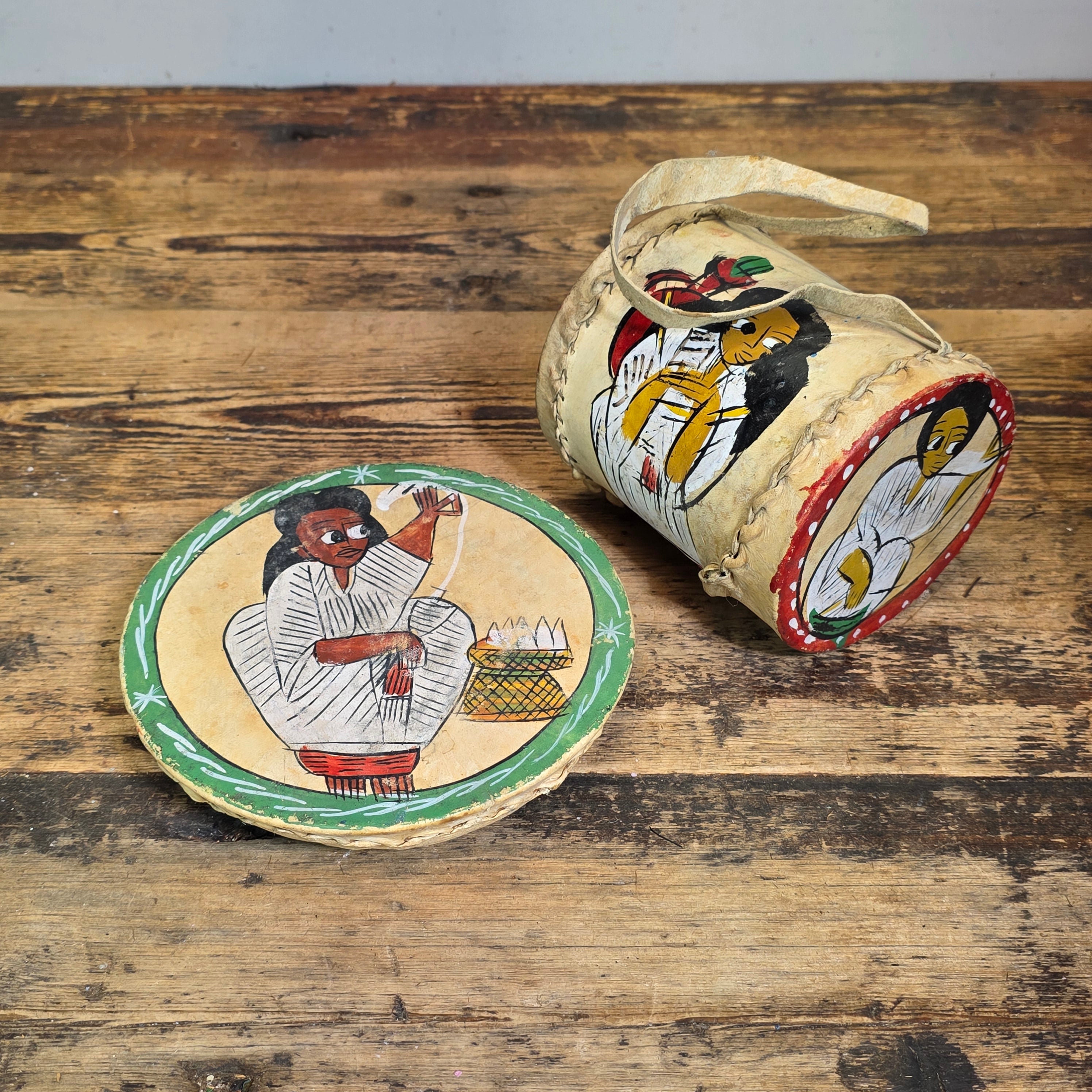 Vintage Ethiopian Leather Drum Flat Hand Drum 2pc Set Sebata Folk Art Painted Wall