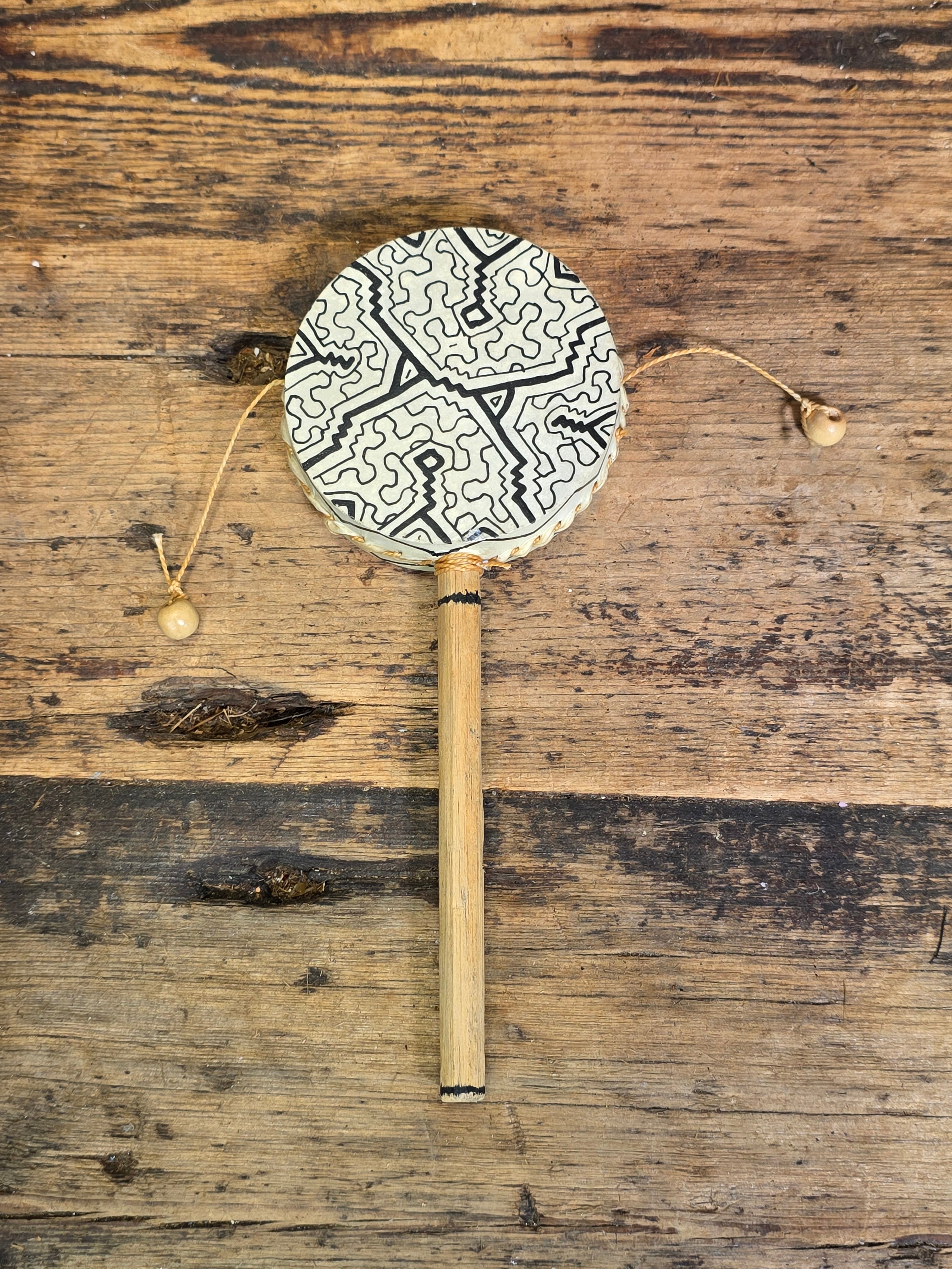 Vintage Shipibo Peru Hand Drum Rattle Lot 2 Shamanic Folk Art Percussion Toy Wood