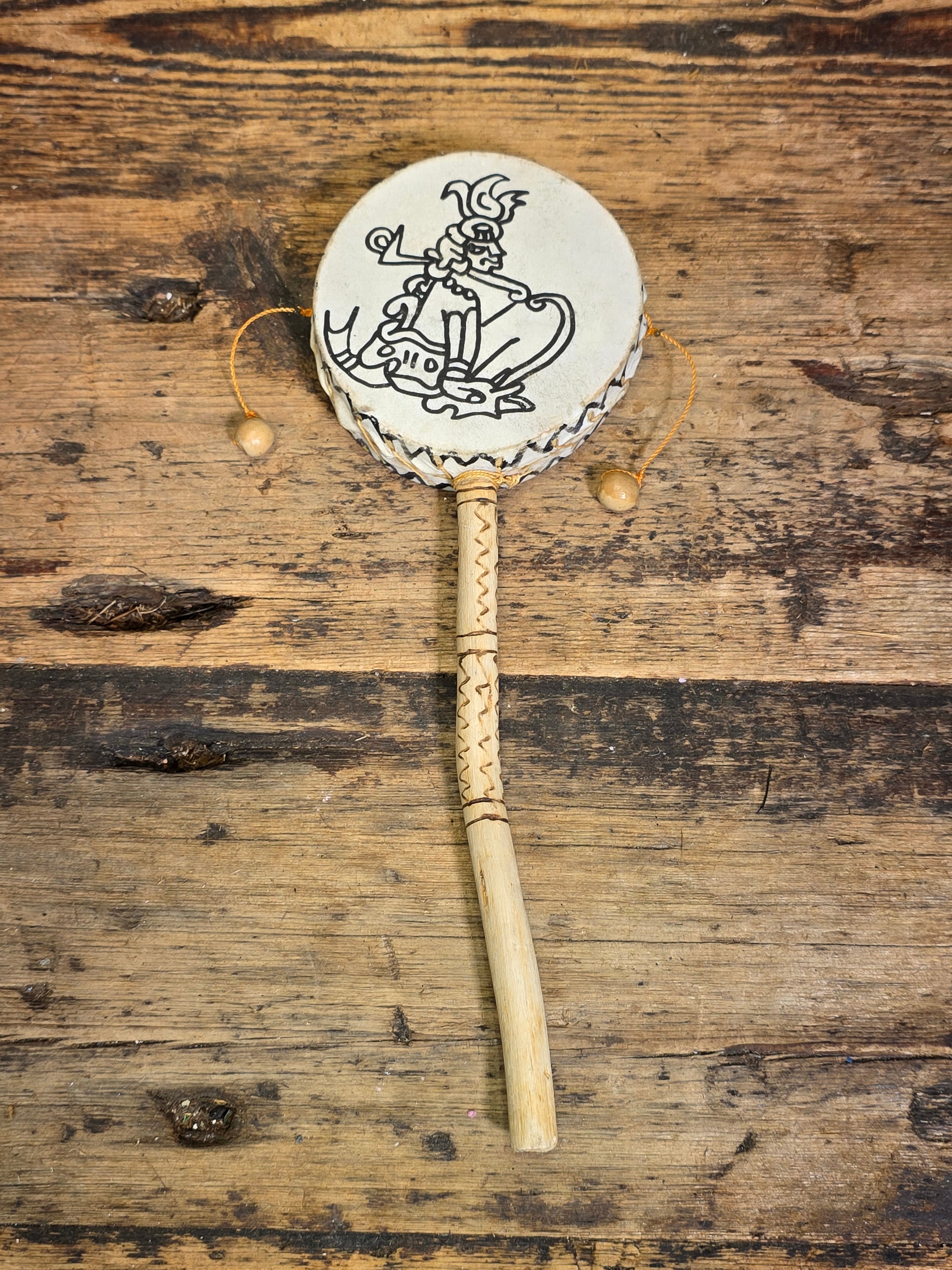 Vintage Shipibo Peru Hand Drum Rattle Lot 2 Shamanic Folk Art Percussion Toy Wood