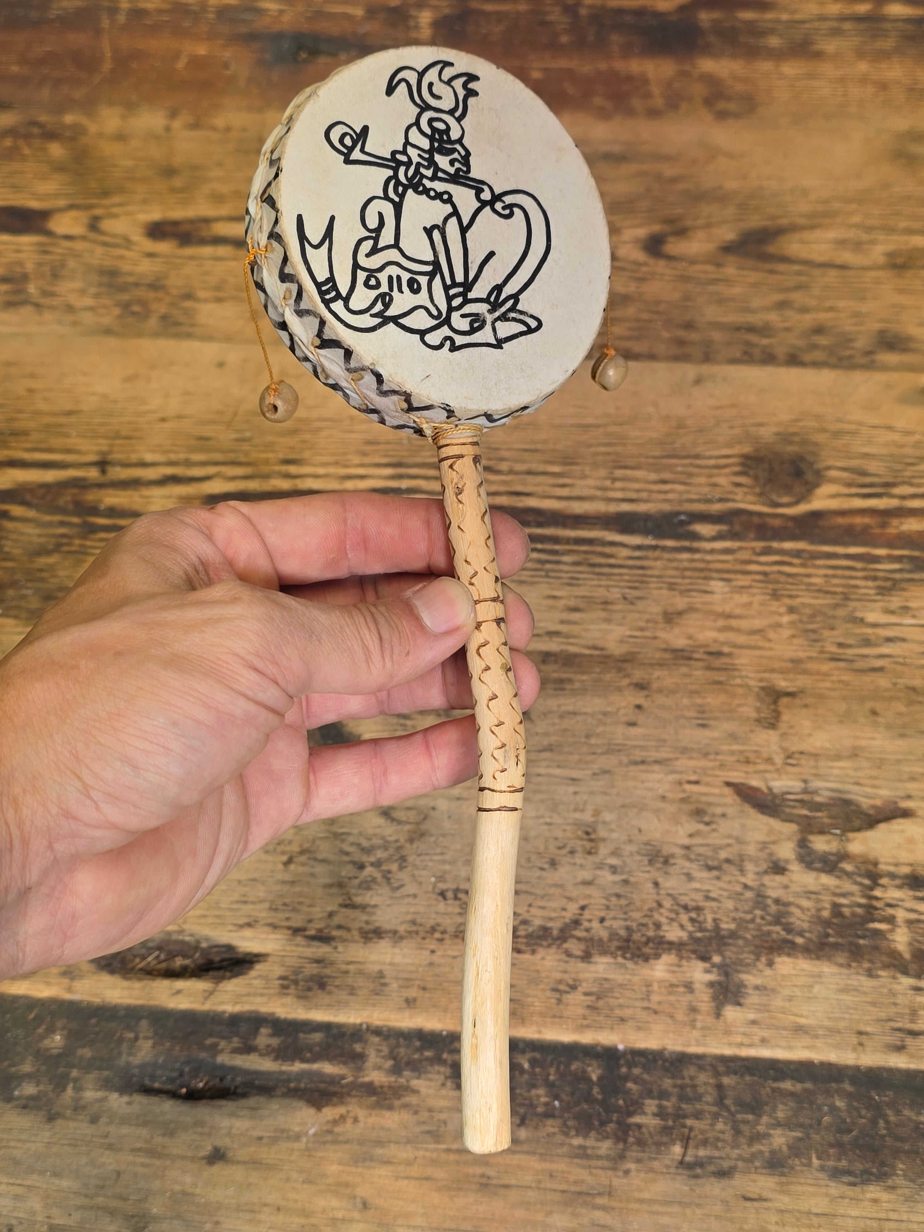 Vintage Shipibo Peru Hand Drum Rattle Lot 2 Shamanic Folk Art Percussion Toy Wood
