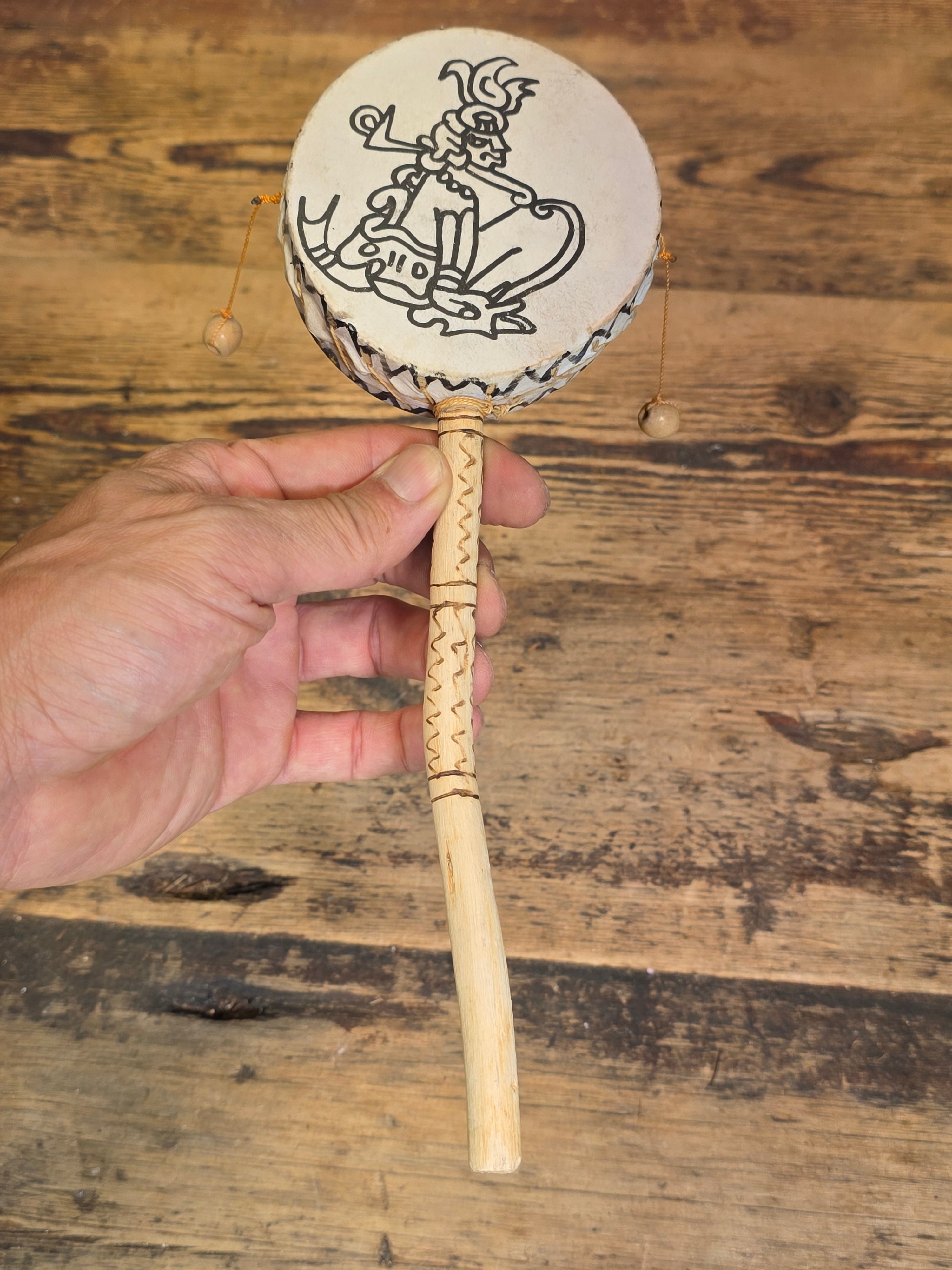 Vintage Shipibo Peru Hand Drum Rattle Lot 2 Shamanic Folk Art Percussion Toy Wood