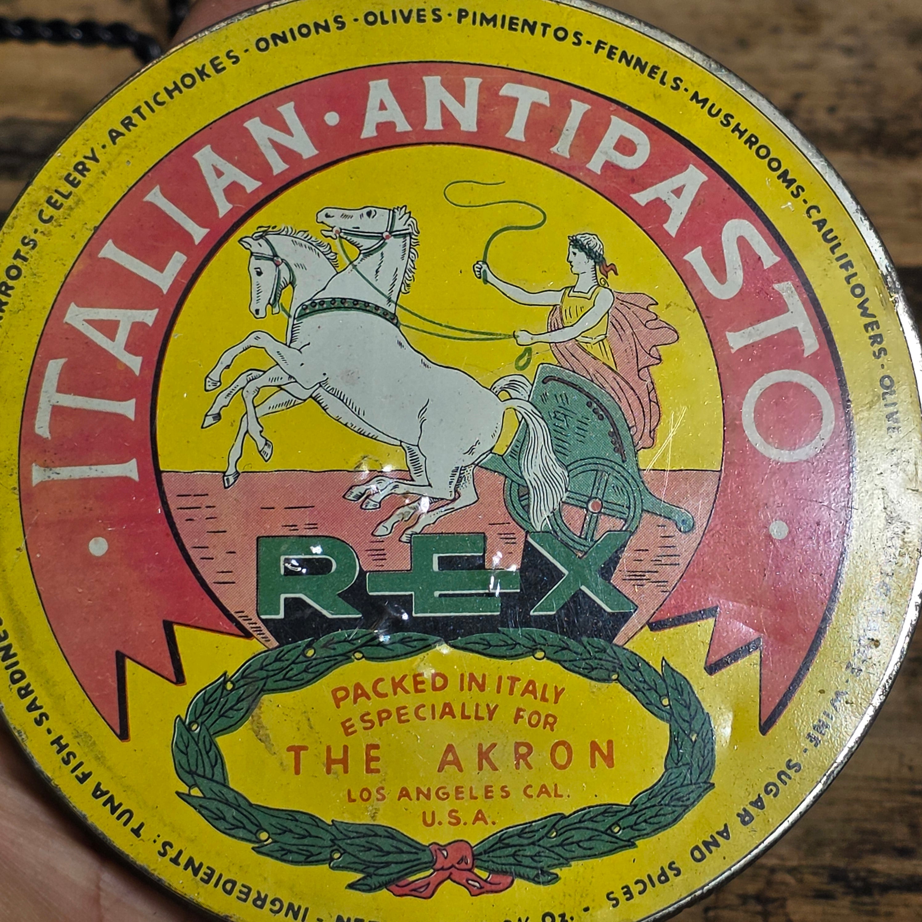 Vintage REX Italian Antipasto Tin Glass Jar The Akron Los Angeles CA Food Can
