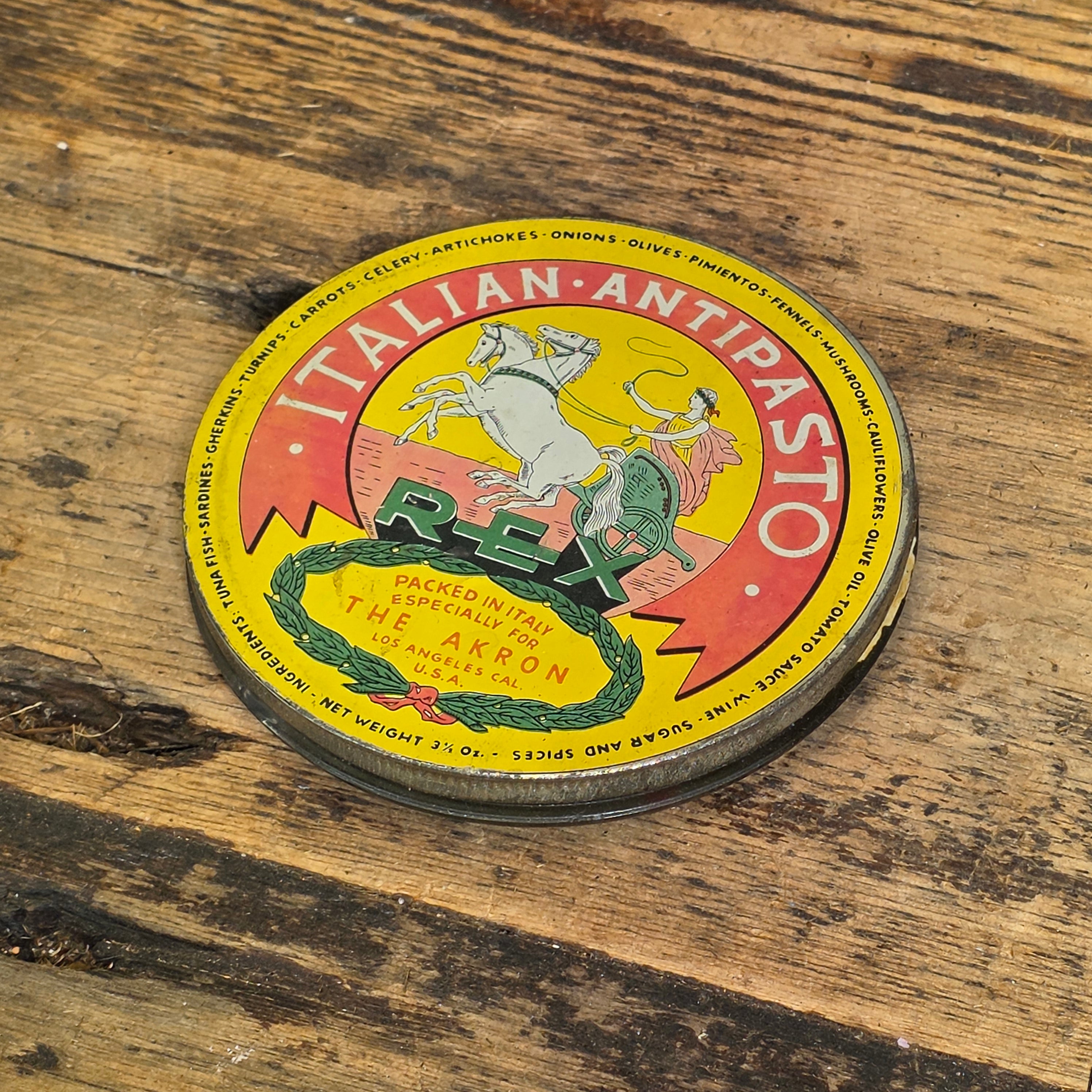 Vintage REX Italian Antipasto Tin Glass Jar The Akron Los Angeles CA Food Can