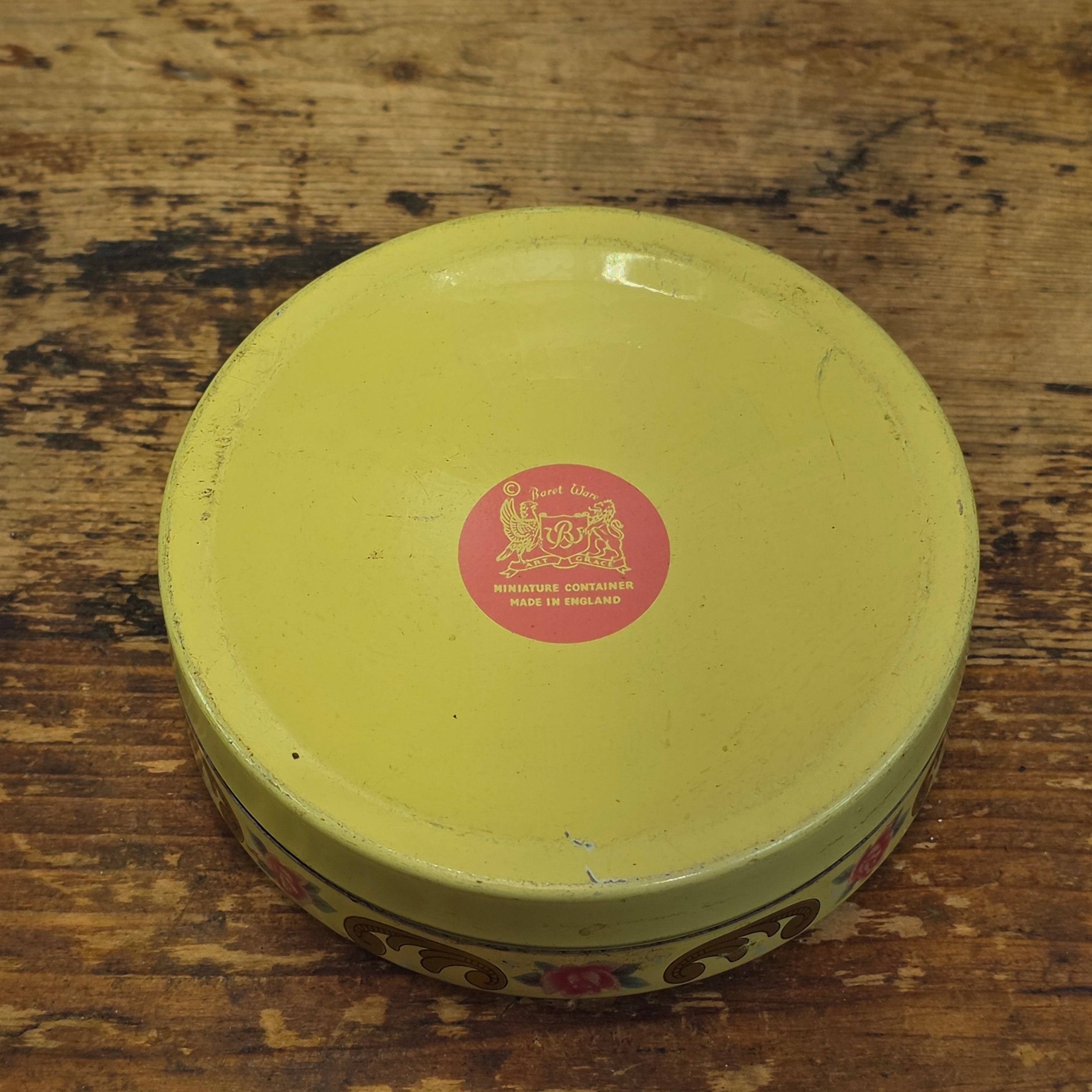 Share Vintage Baret Ware Tin Miniature Round Yellow Victorian Couple Trinket Pill Box