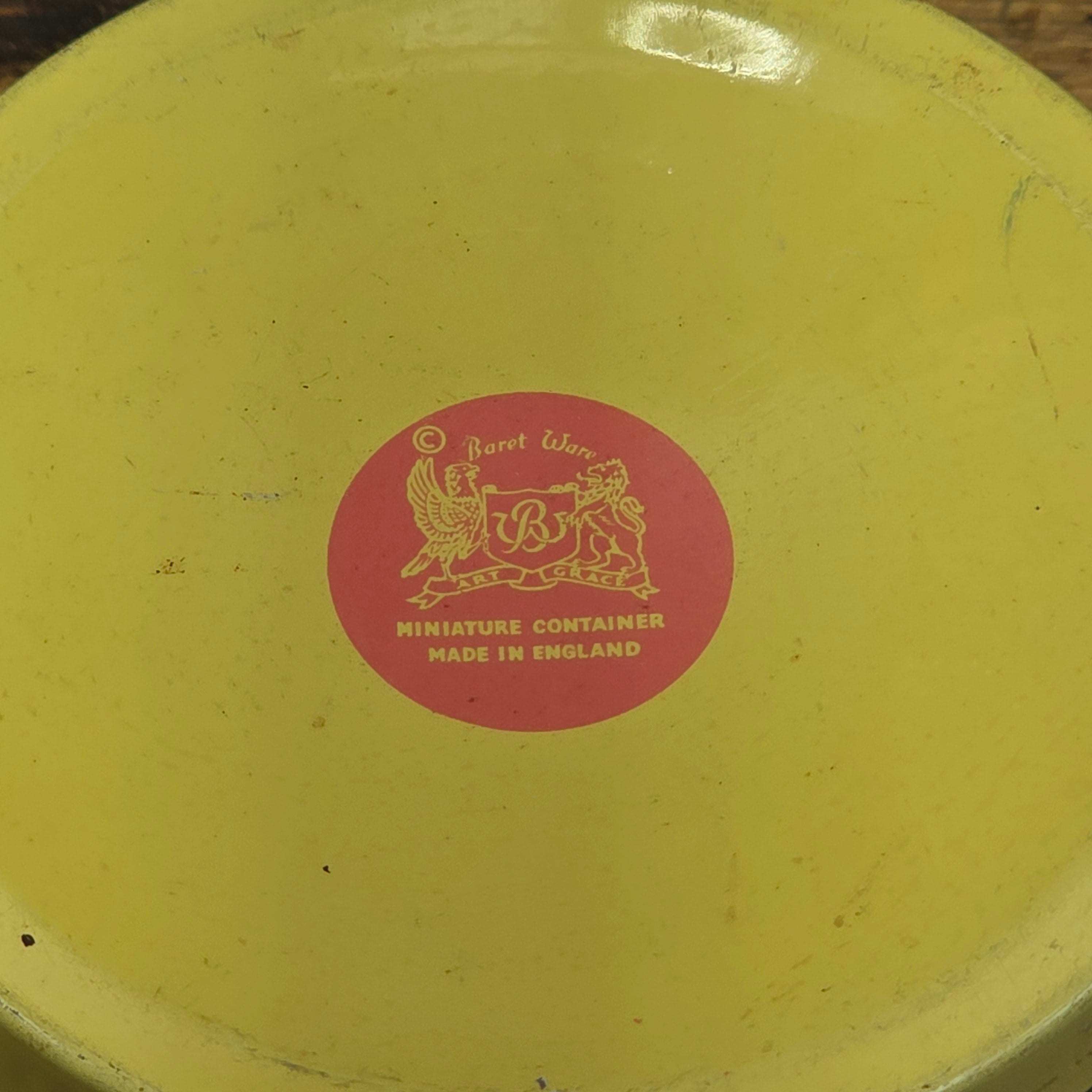 Share Vintage Baret Ware Tin Miniature Round Yellow Victorian Couple Trinket Pill Box