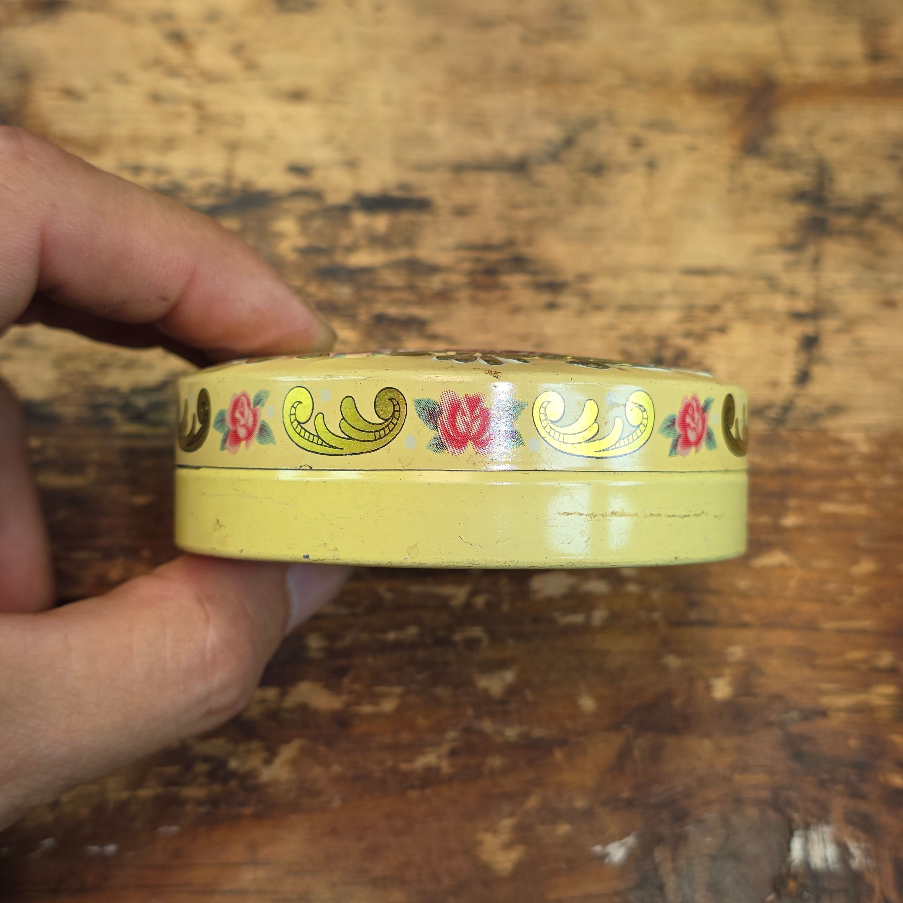 Share Vintage Baret Ware Tin Miniature Round Yellow Victorian Couple Trinket Pill Box