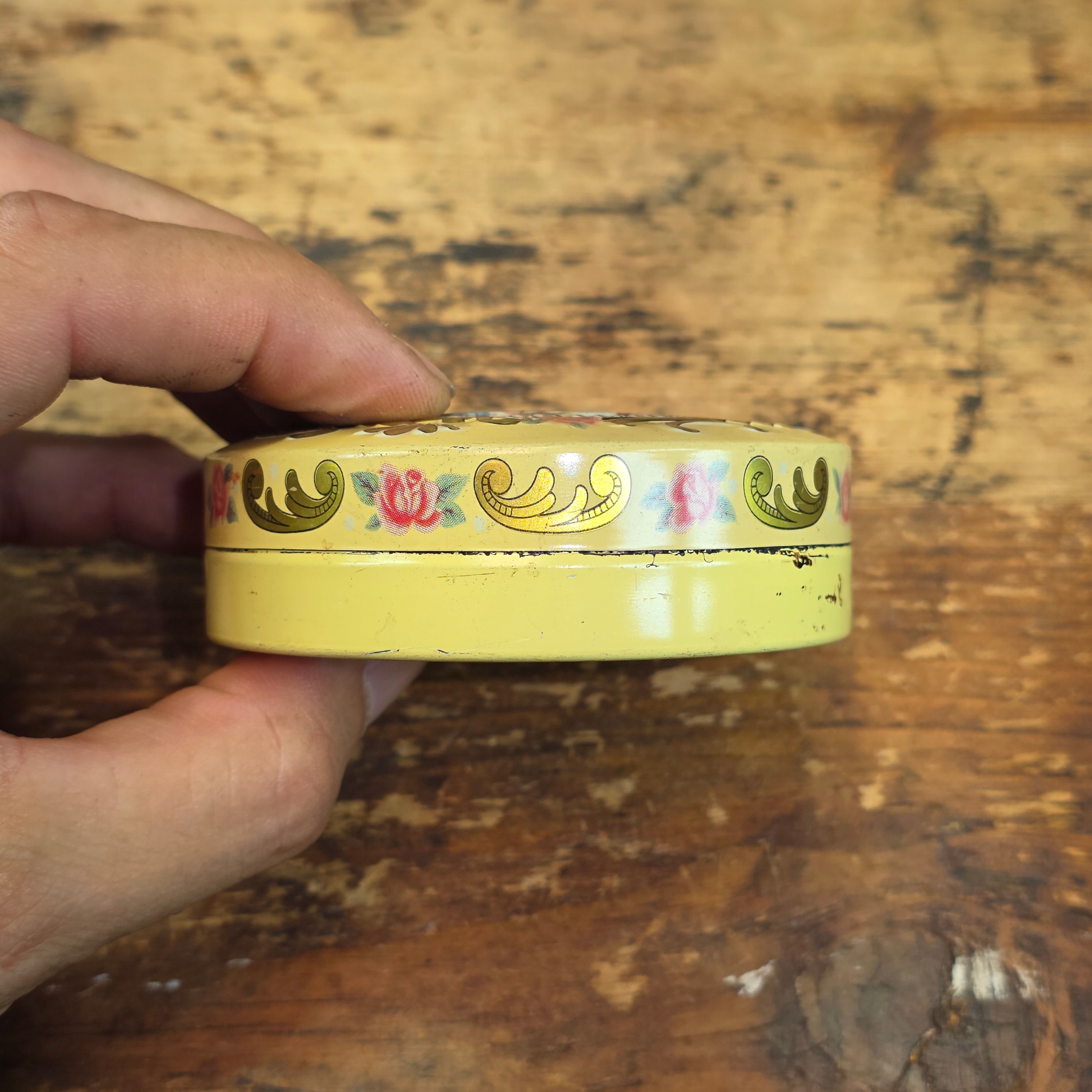 Share Vintage Baret Ware Tin Miniature Round Yellow Victorian Couple Trinket Pill Box