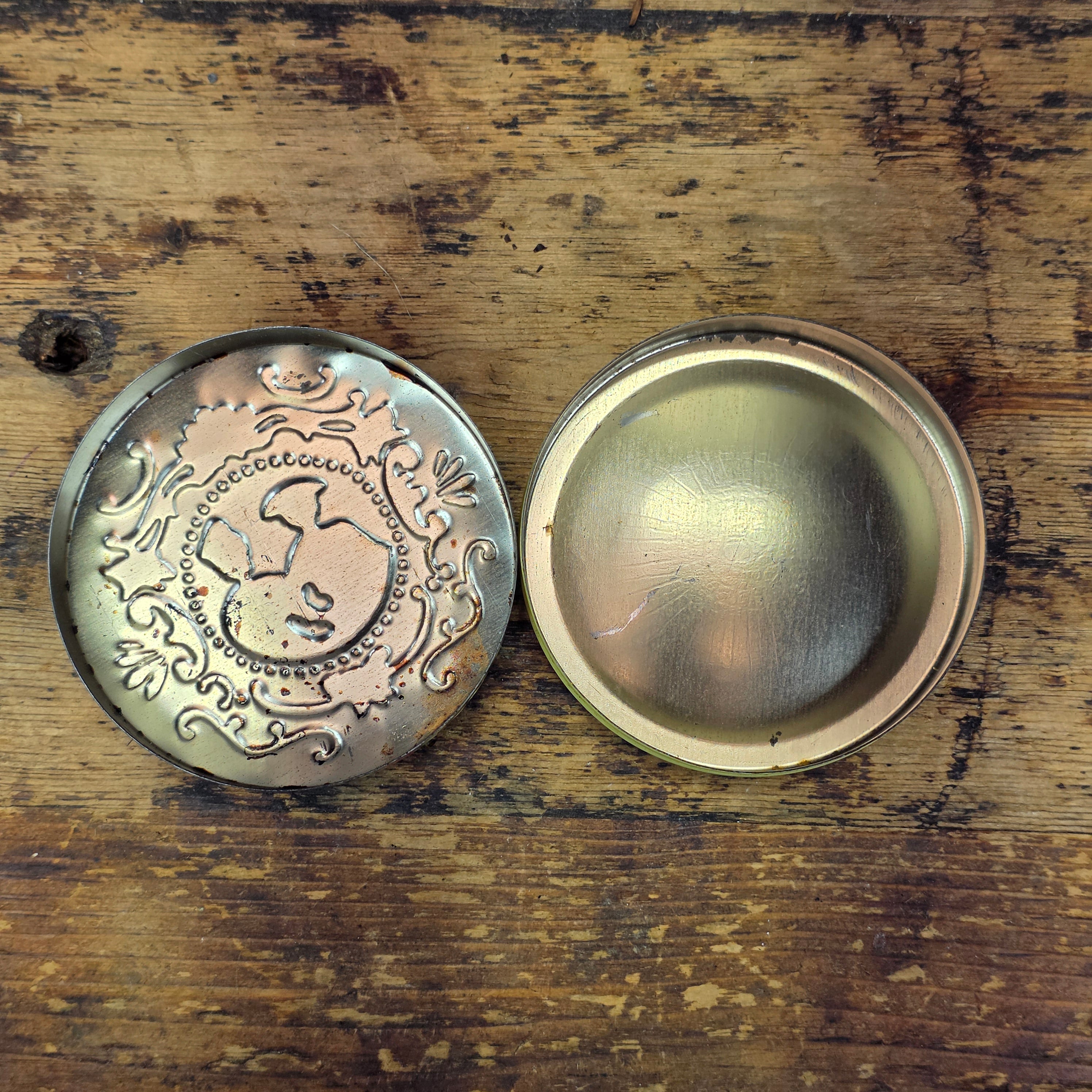Share Vintage Baret Ware Tin Miniature Round Yellow Victorian Couple Trinket Pill Box