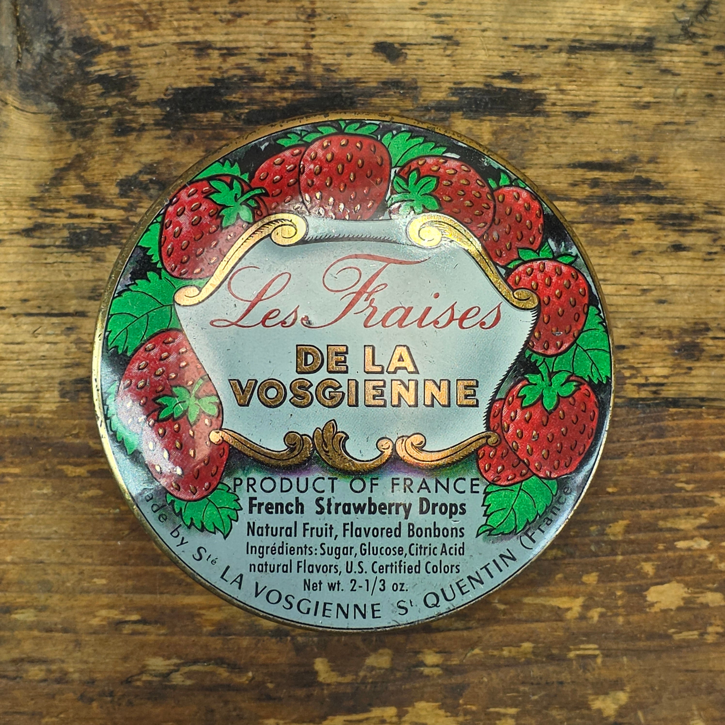Vintage La Vosgienne French Strawberry Candy Tin Box Empty Les Fraises France 3"