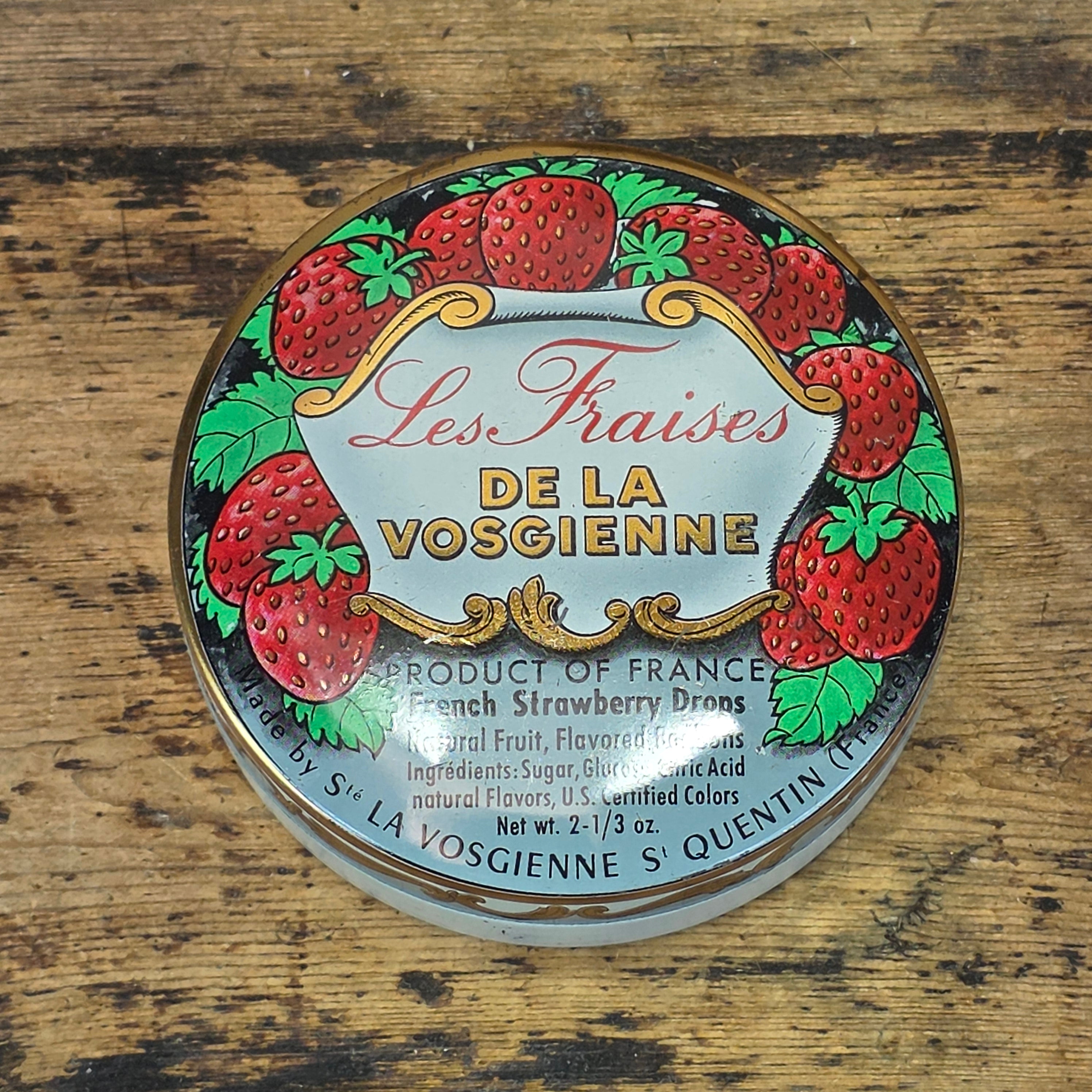 Vintage La Vosgienne French Strawberry Candy Tin Box Empty Les Fraises France 3"