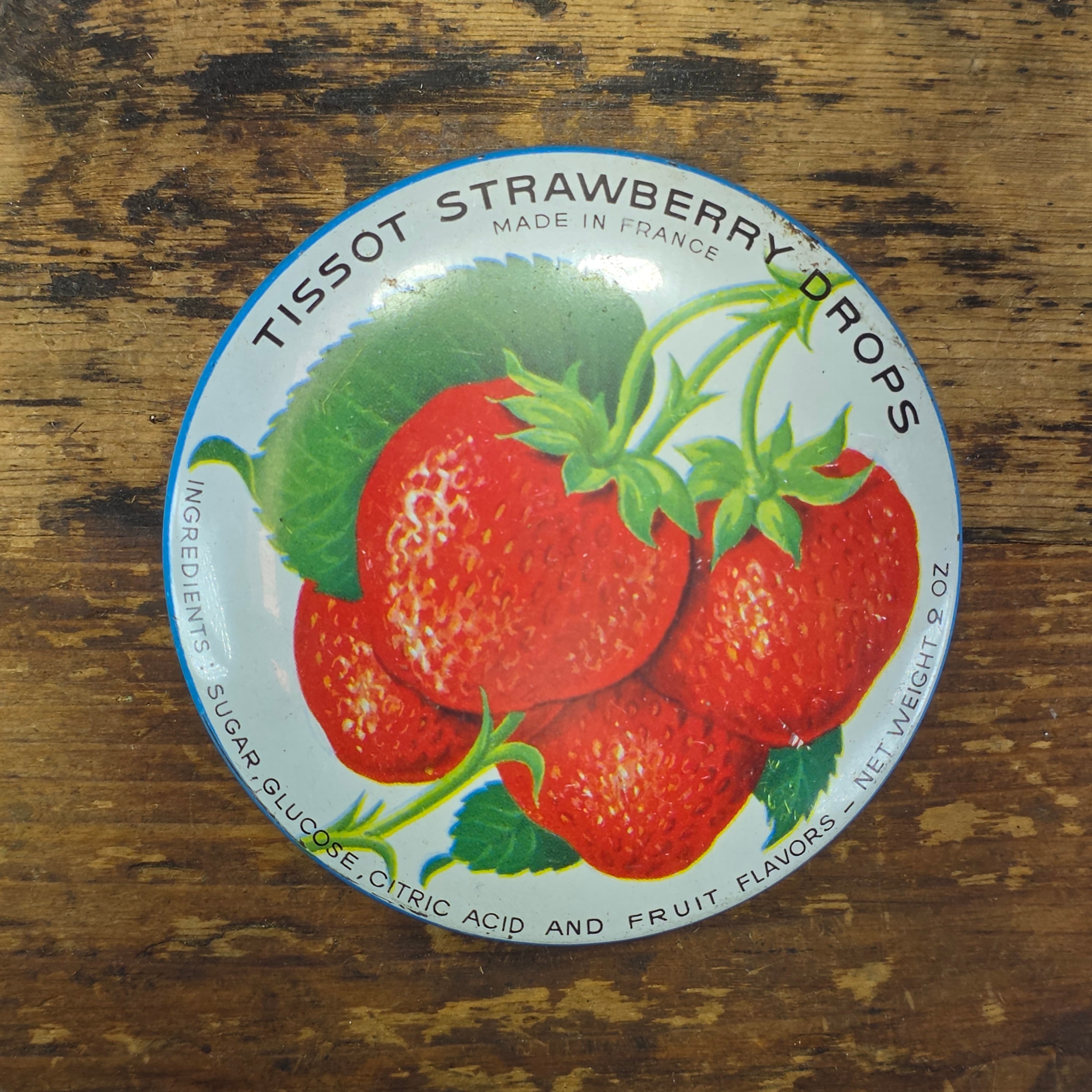 Vintage Tissot Strawberry Drops Candy Tin Empty French Cresca NY 1950s 3" (A)