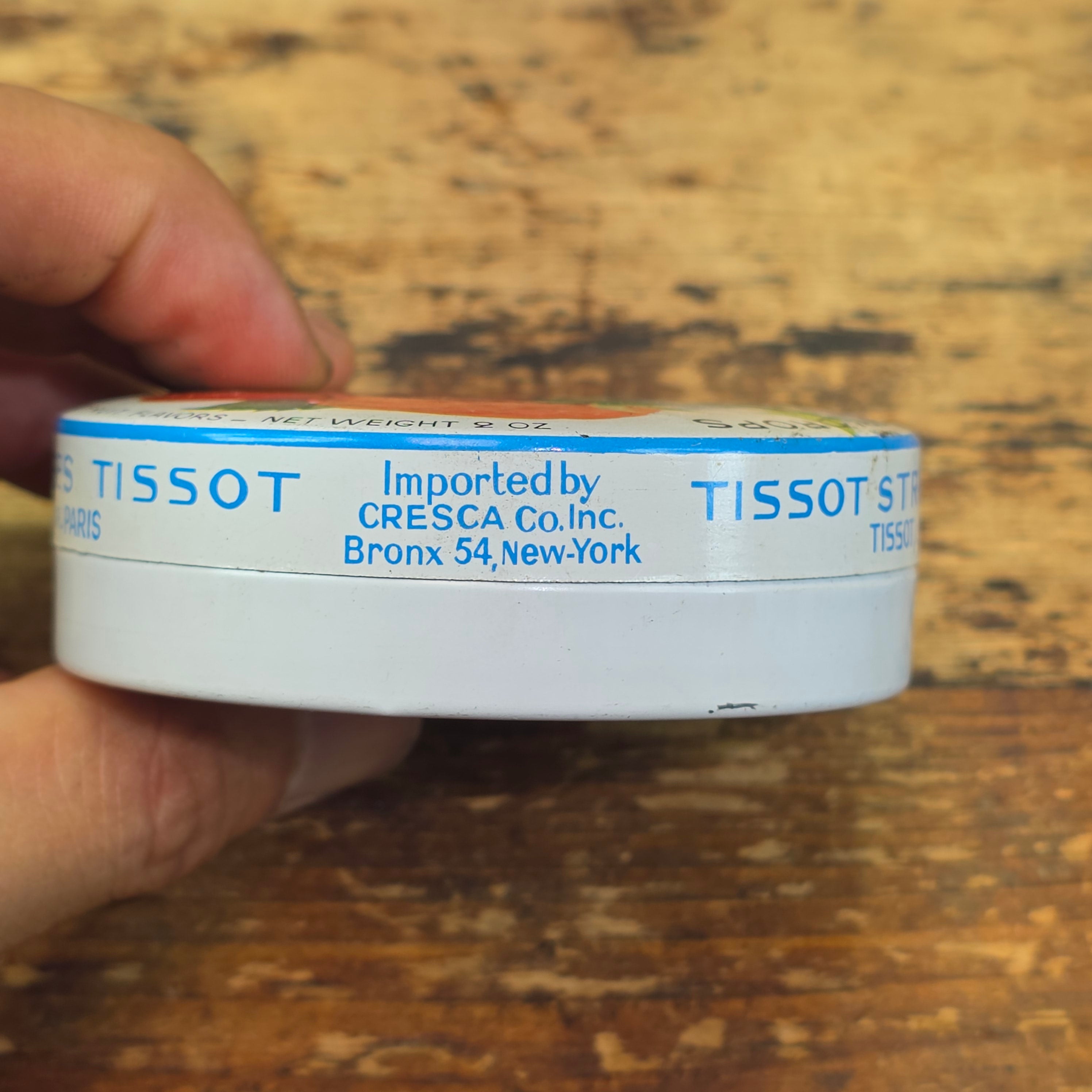 Vintage Tissot Strawberry Drops Candy Tin Empty French Cresca NY 1950s 3" (A)