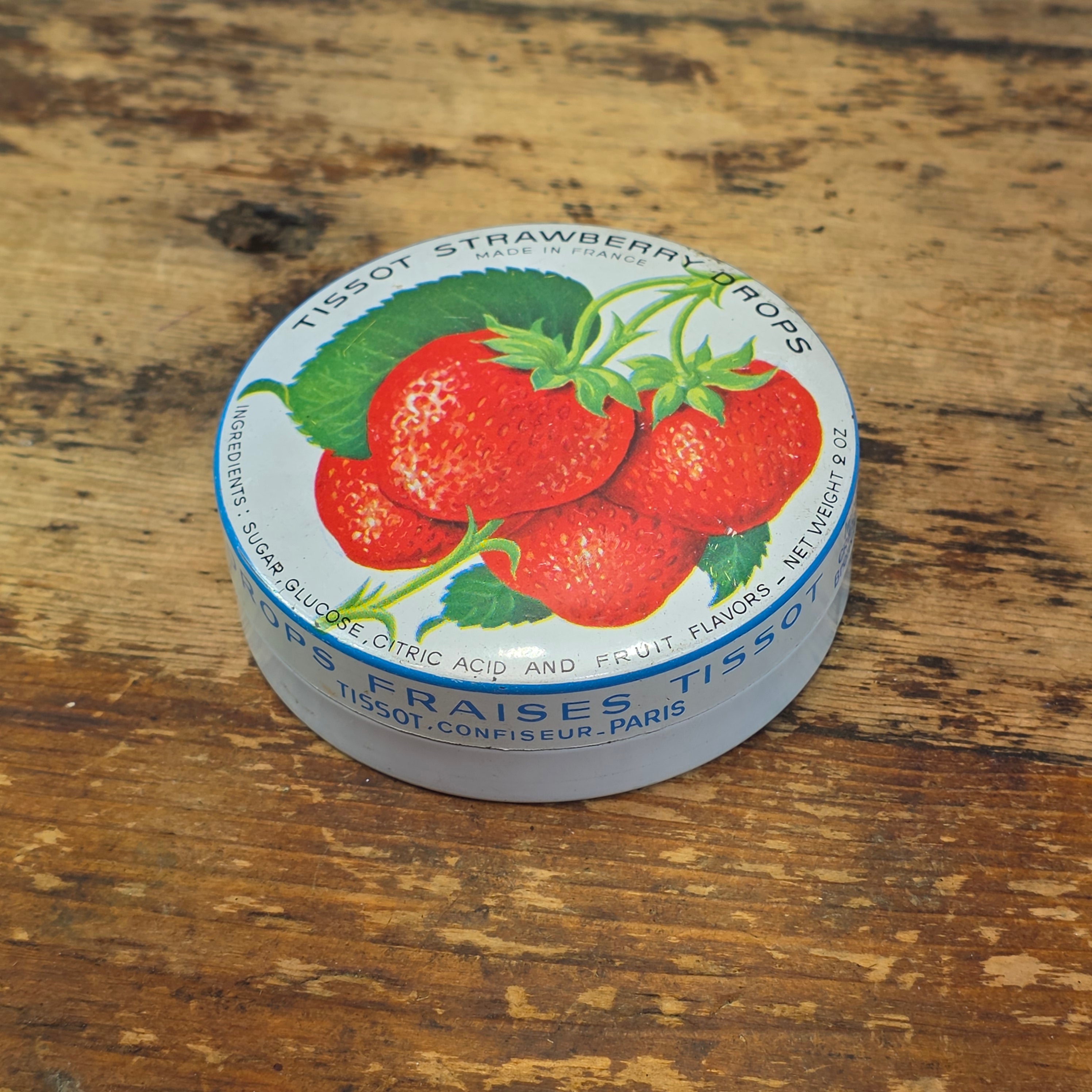 Vintage Tissot Strawberry Drops Candy Tin Empty French Cresca NY 1950s 3" (A)