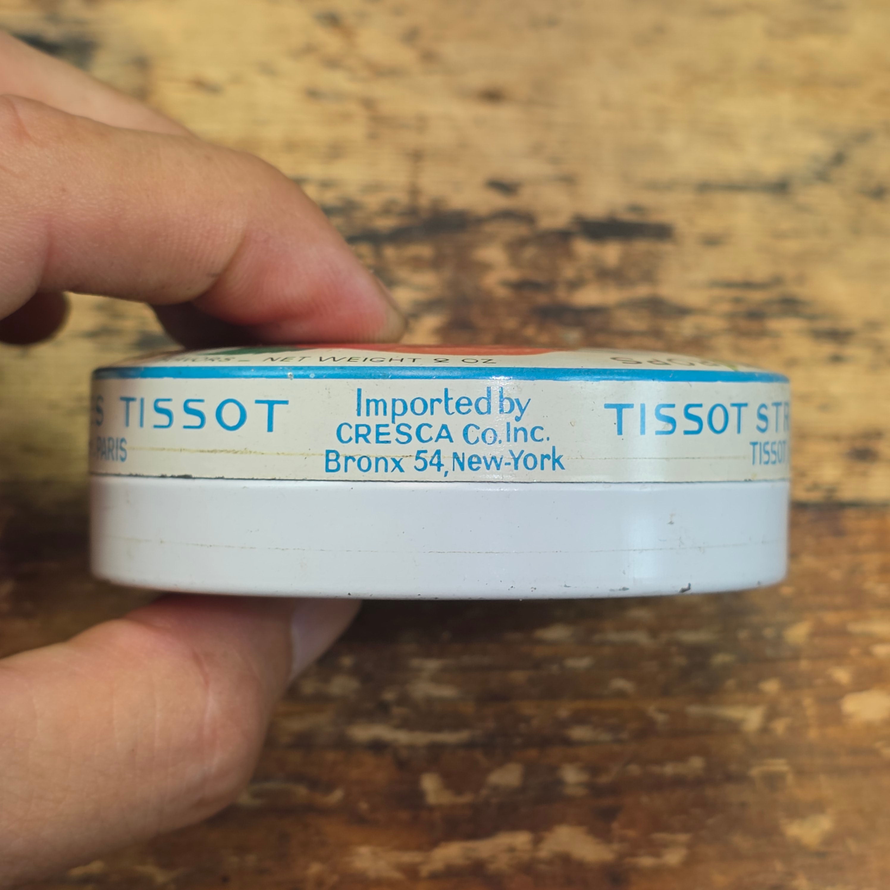 Vintage Tissot Strawberry Drops Candy Tin Empty French Cresca NY 1950s 3" (B)