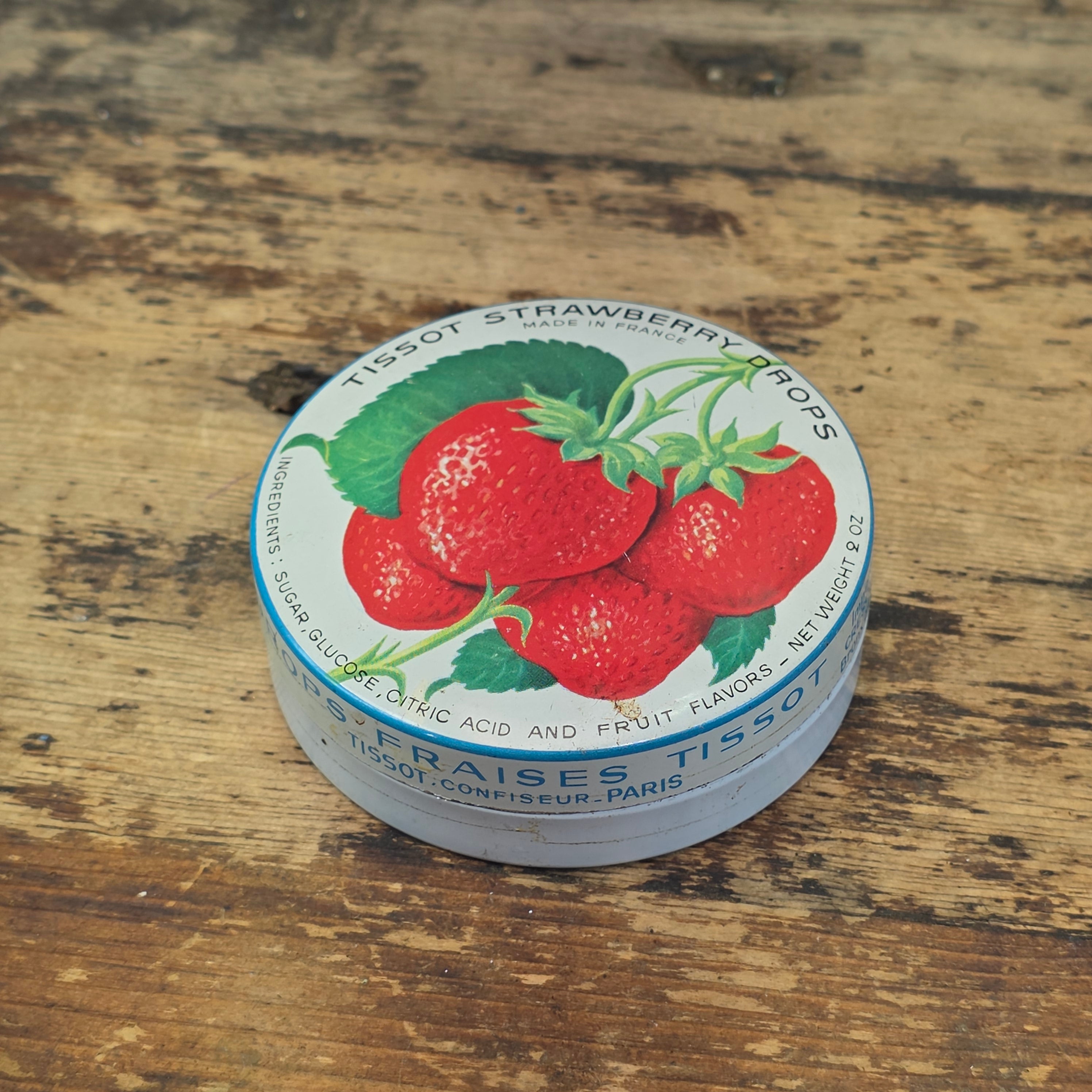 Vintage Tissot Strawberry Drops Candy Tin Empty French Cresca NY 1950s 3" (B)