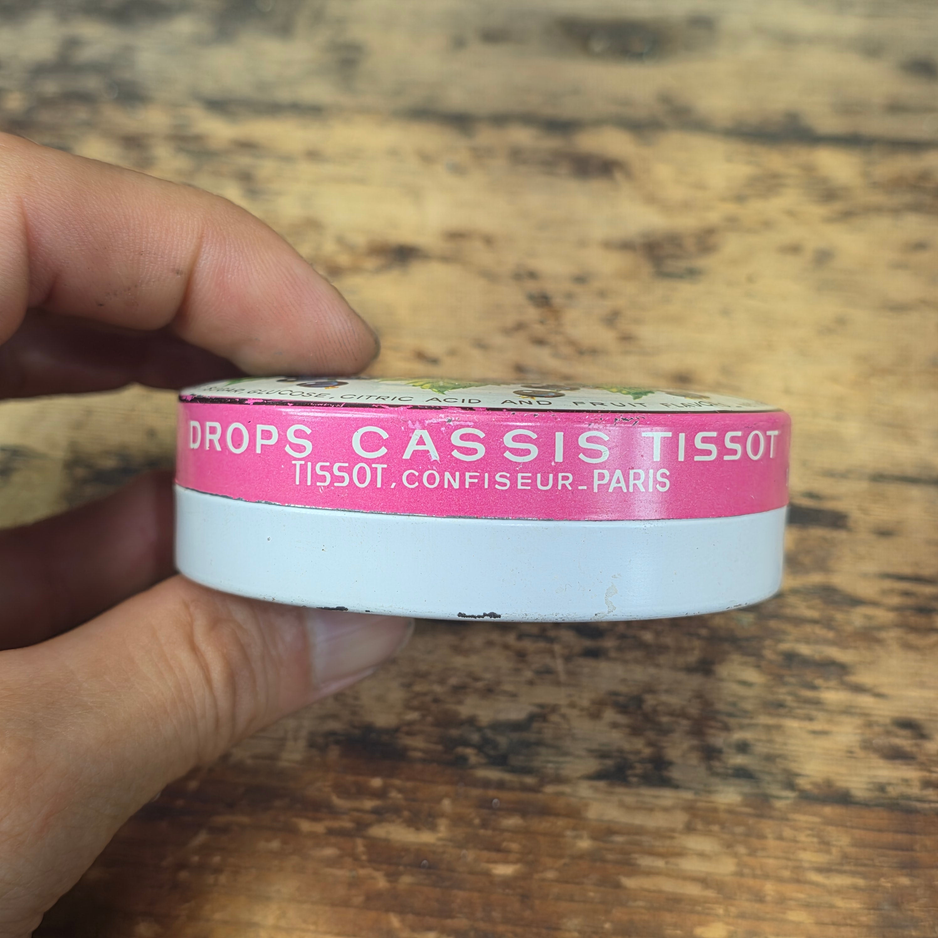 Vintage Tissot Black Currant Cassis Candy Tin Metal France Confiseur Paris (A)