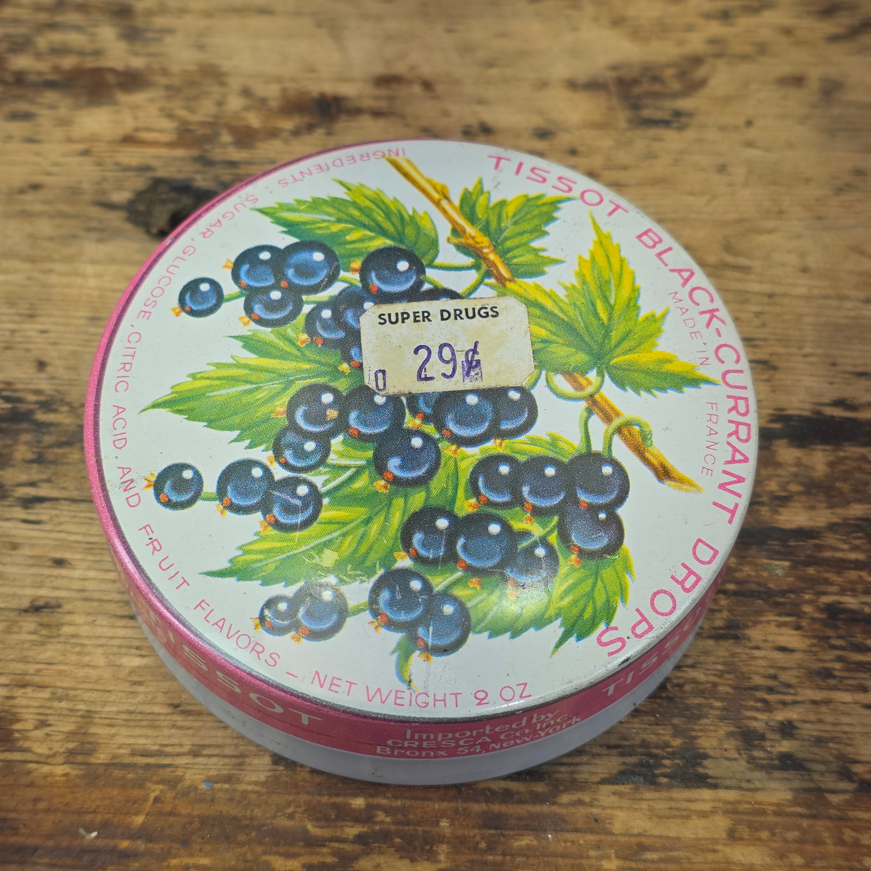 Vintage Tissot Black Currant Cassis Candy Tin Metal France Confiseur Paris (D)