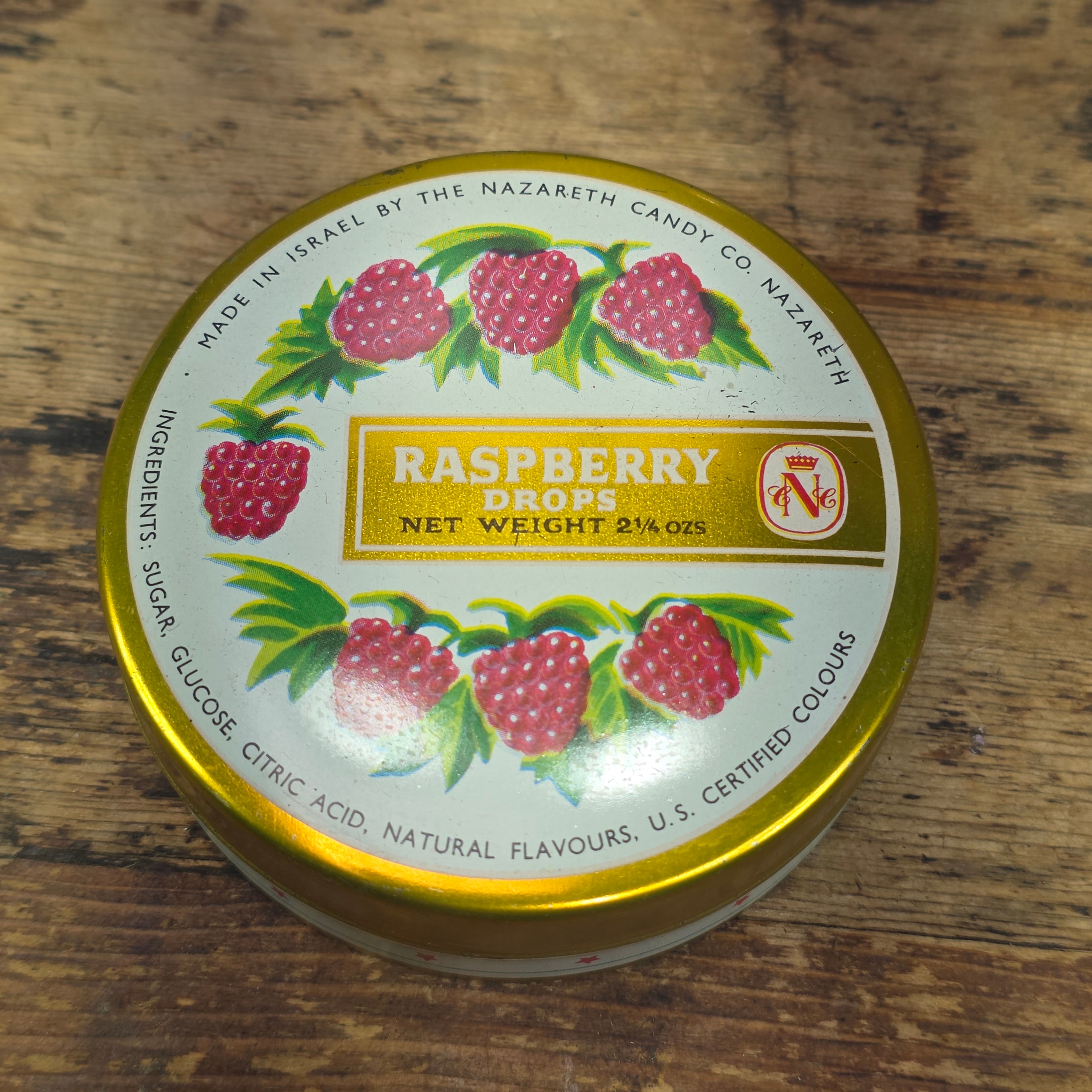 Vintage Nazareth Candy Co Israel Raspberry Drops Empty Metal Tin Gold Stars (A)