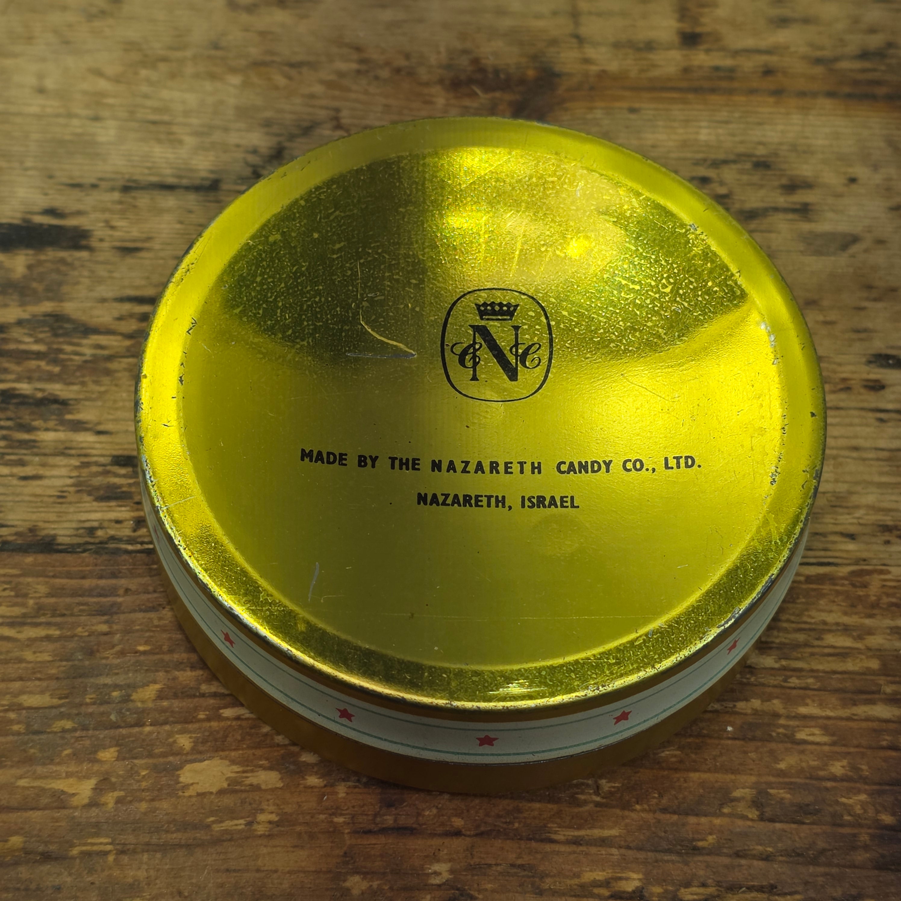 Vintage Nazareth Candy Co Israel Raspberry Drops Empty Metal Tin Gold Stars (A)