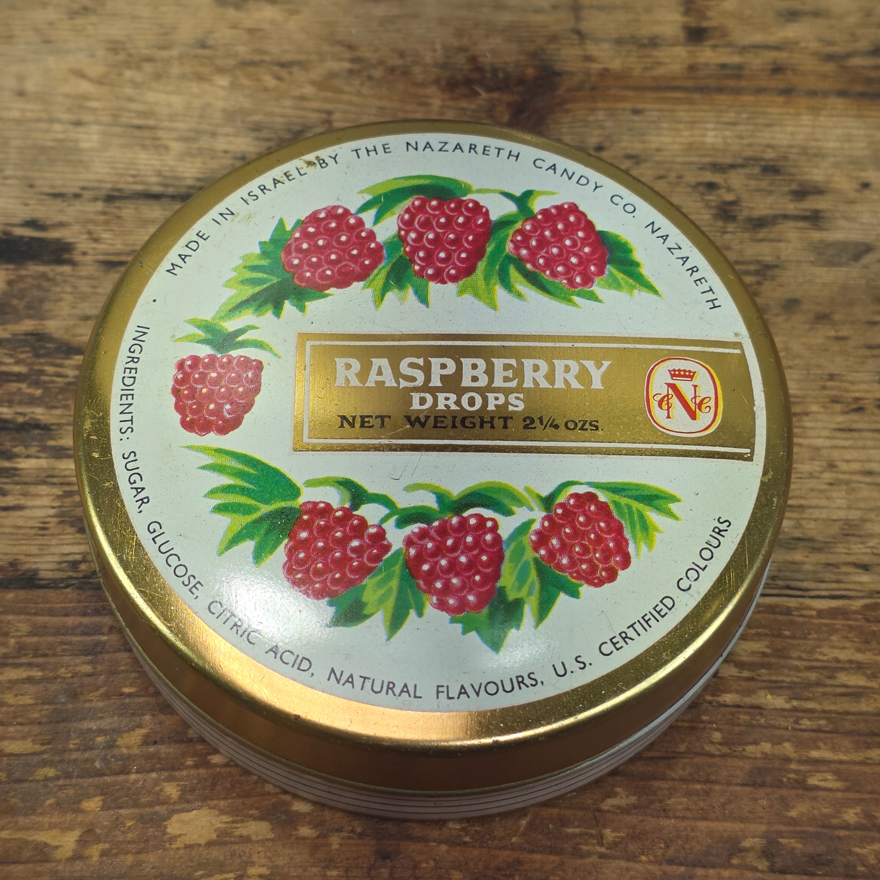 Vintage Nazareth Candy Co Israel Raspberry Drops Empty Metal Tin Gold Stars (B)