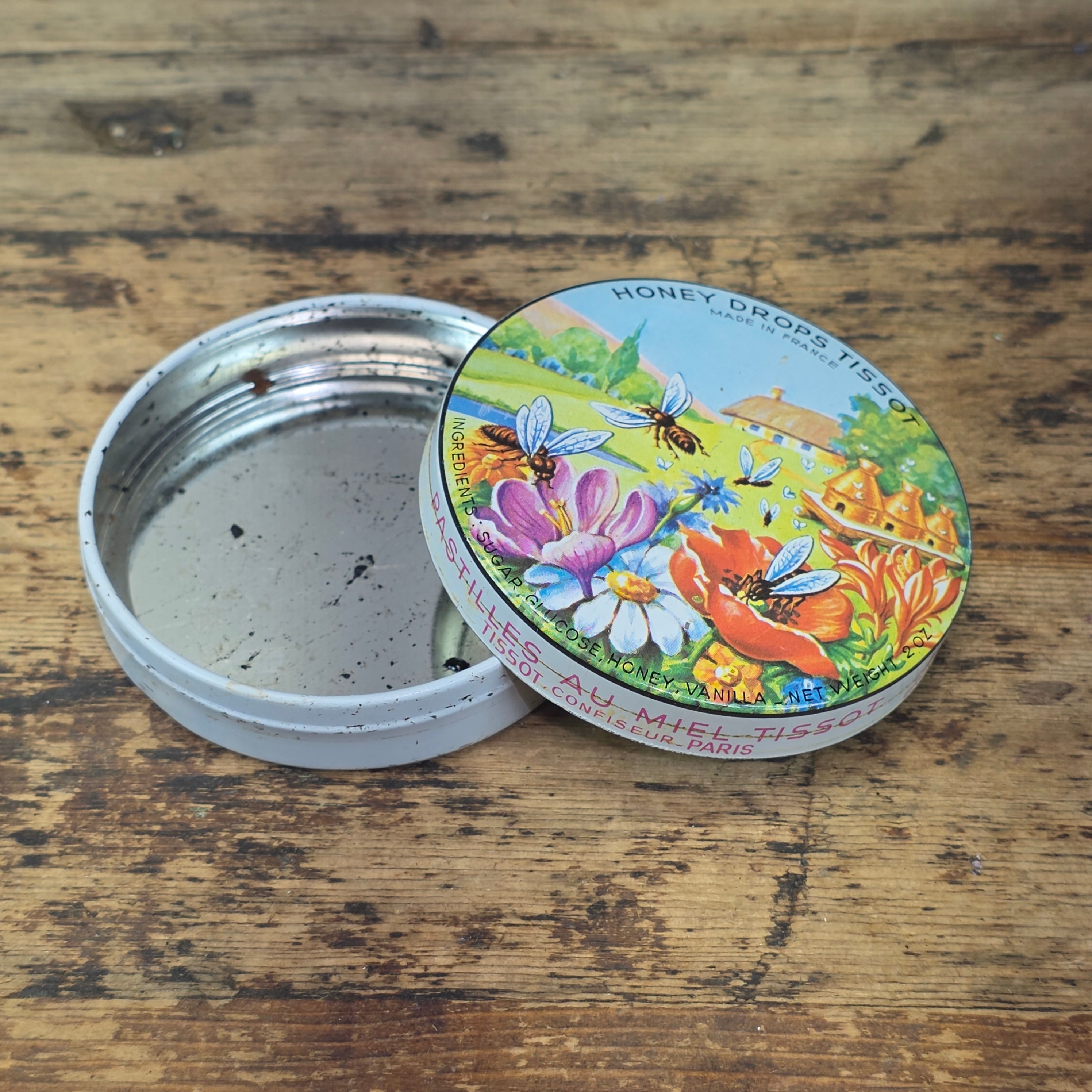 Vintage Tissot Honey Drops Tin Metal France Bee Floral Cresca NY Empty Box