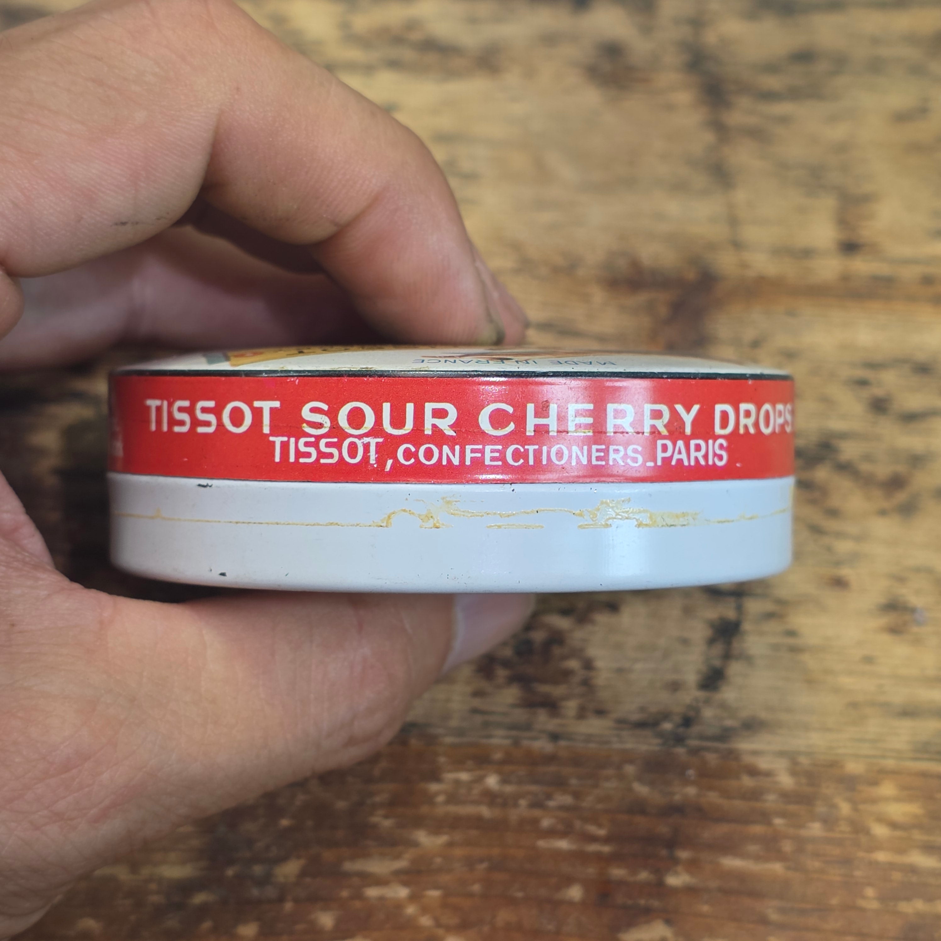 Vintage Tissot Sour Cherry Candy Tin Empty Metal France Cresca NY Drops Paris