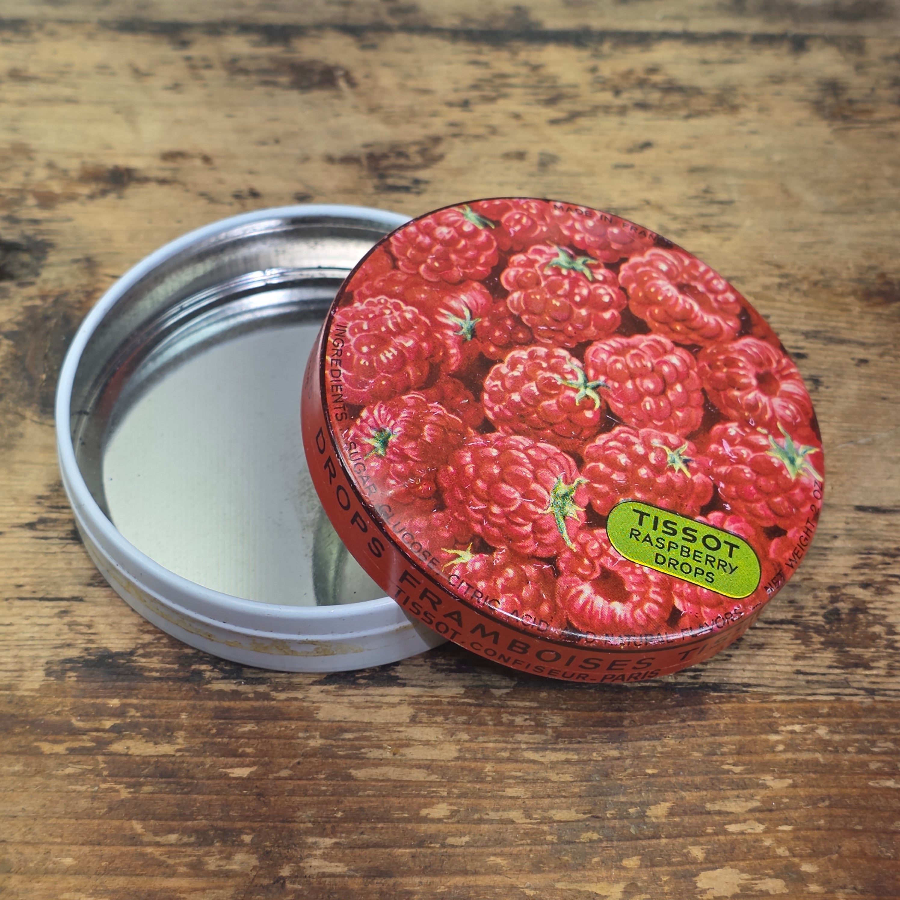 Vintage Tissot Raspberry Candy Tin Empty Metal France Cresca NY Drops Red
