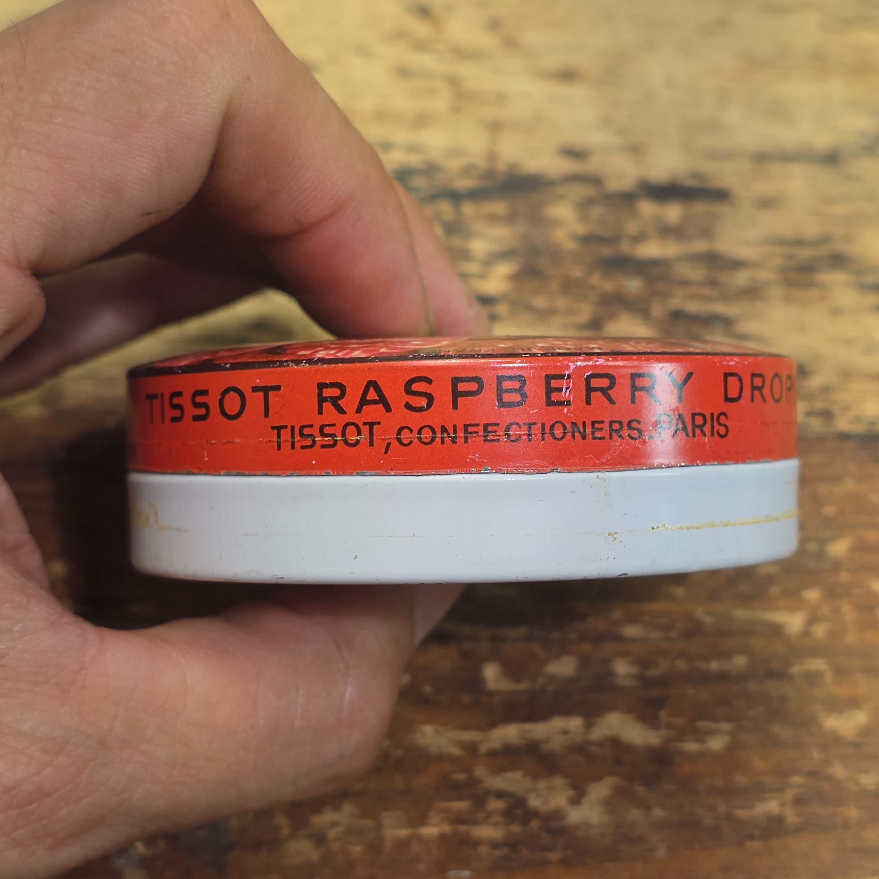 Vintage Tissot Raspberry Candy Tin Empty Metal France Cresca NY Drops Red