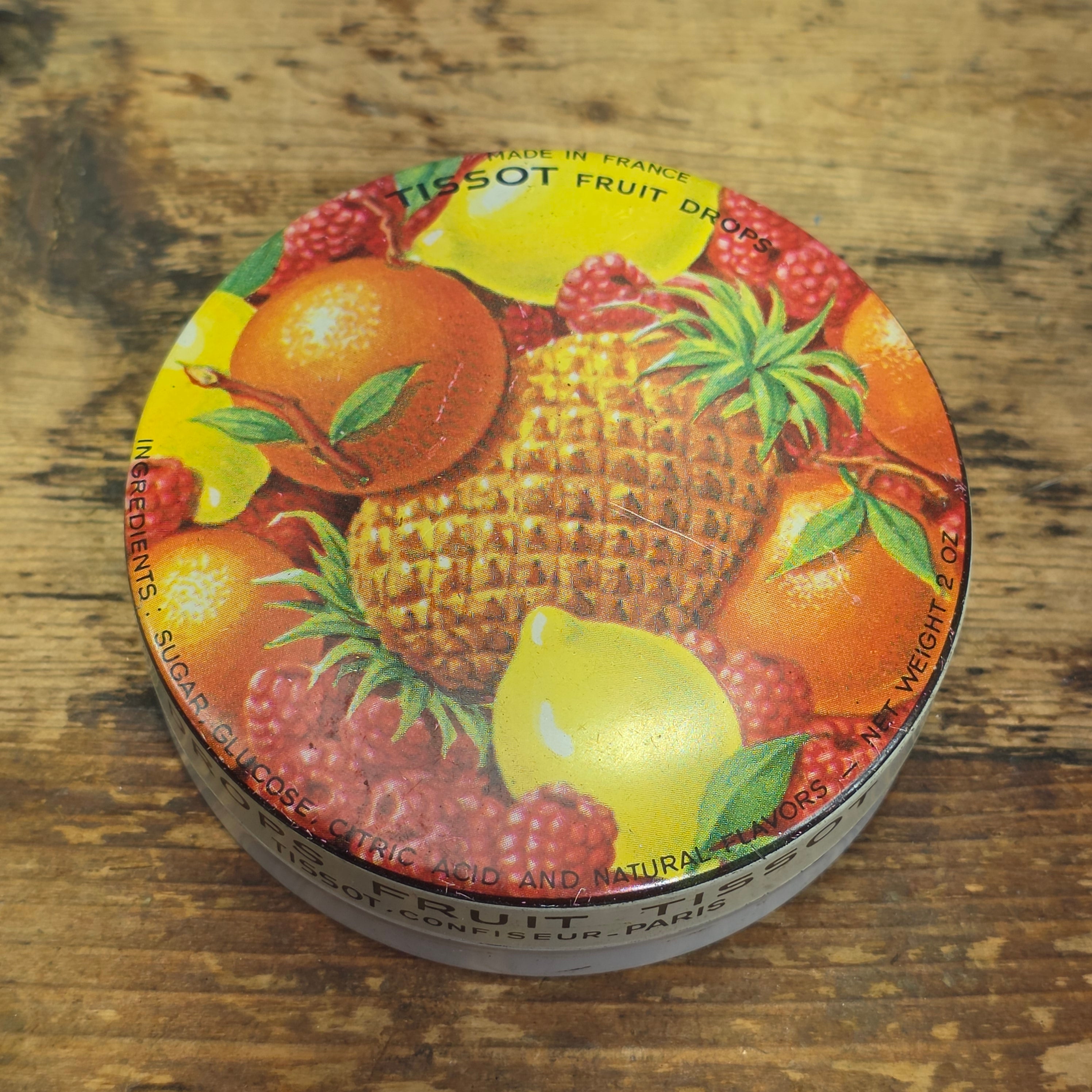 Vintage Tissot Mixed Fruit Candy Tin Empty Metal France Cresca NY Drops Paris(A)