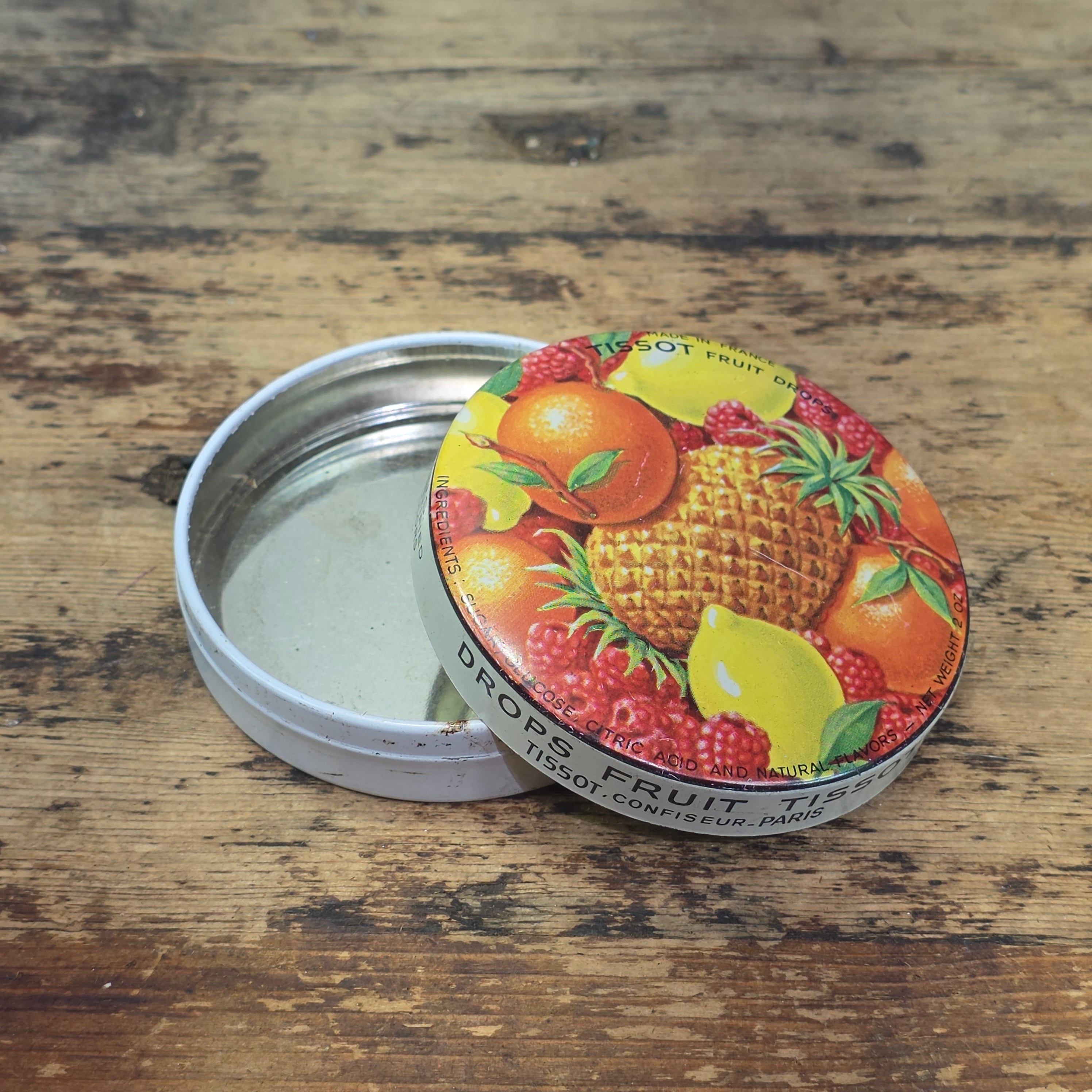 Vintage Tissot Mixed Fruit Candy Tin Empty Metal France Cresca NY Drops Paris(A)
