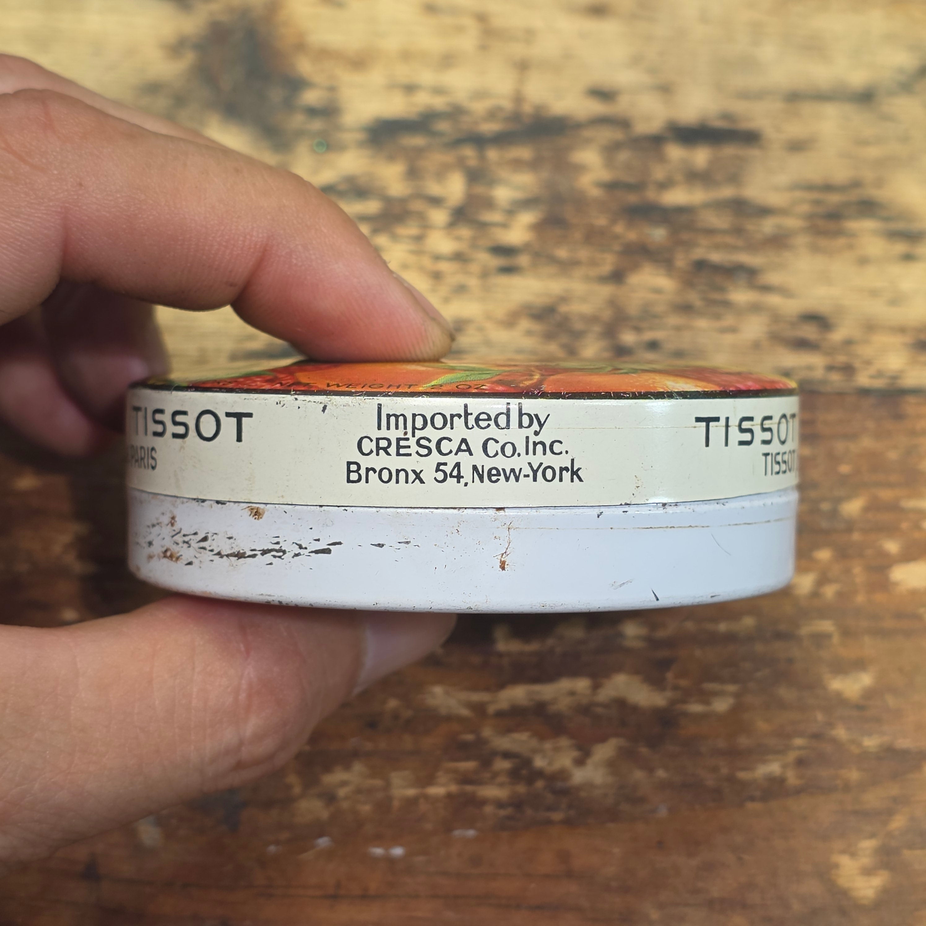 Vintage Tissot Mixed Fruit Candy Tin Empty Metal France Cresca NY Drops Paris(A)
