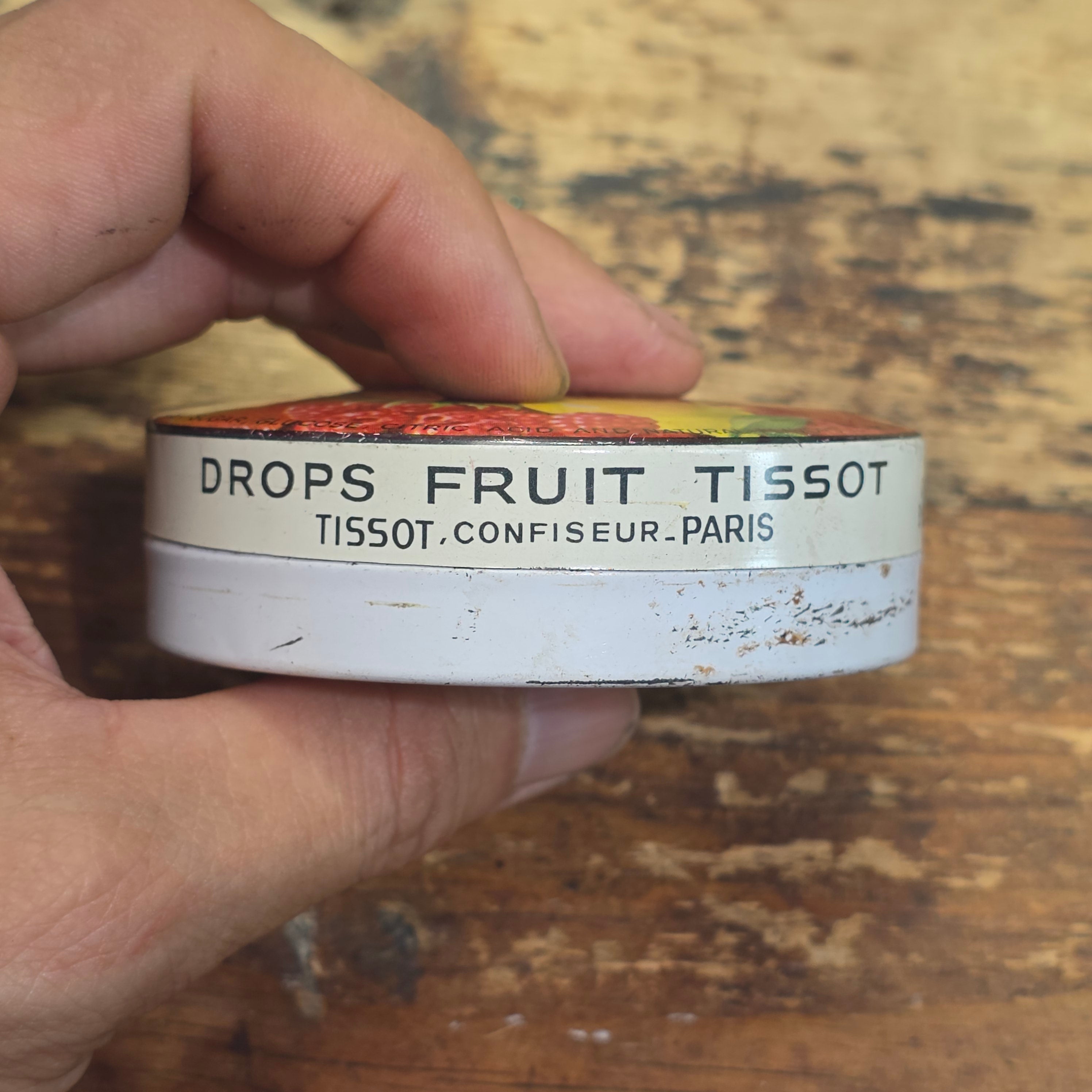 Vintage Tissot Mixed Fruit Candy Tin Empty Metal France Cresca NY Drops Paris(A)