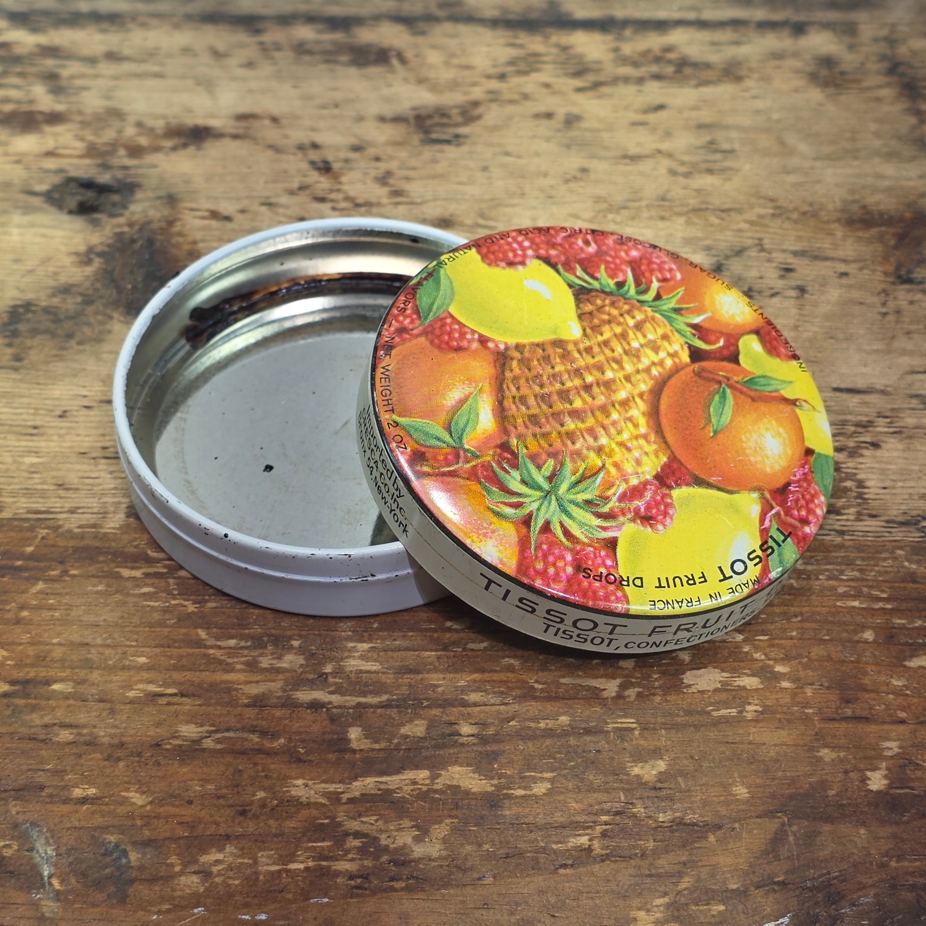 Vintage Tissot Mixed Fruit Candy Tin Empty Metal France Cresca NY Drops Paris(B)