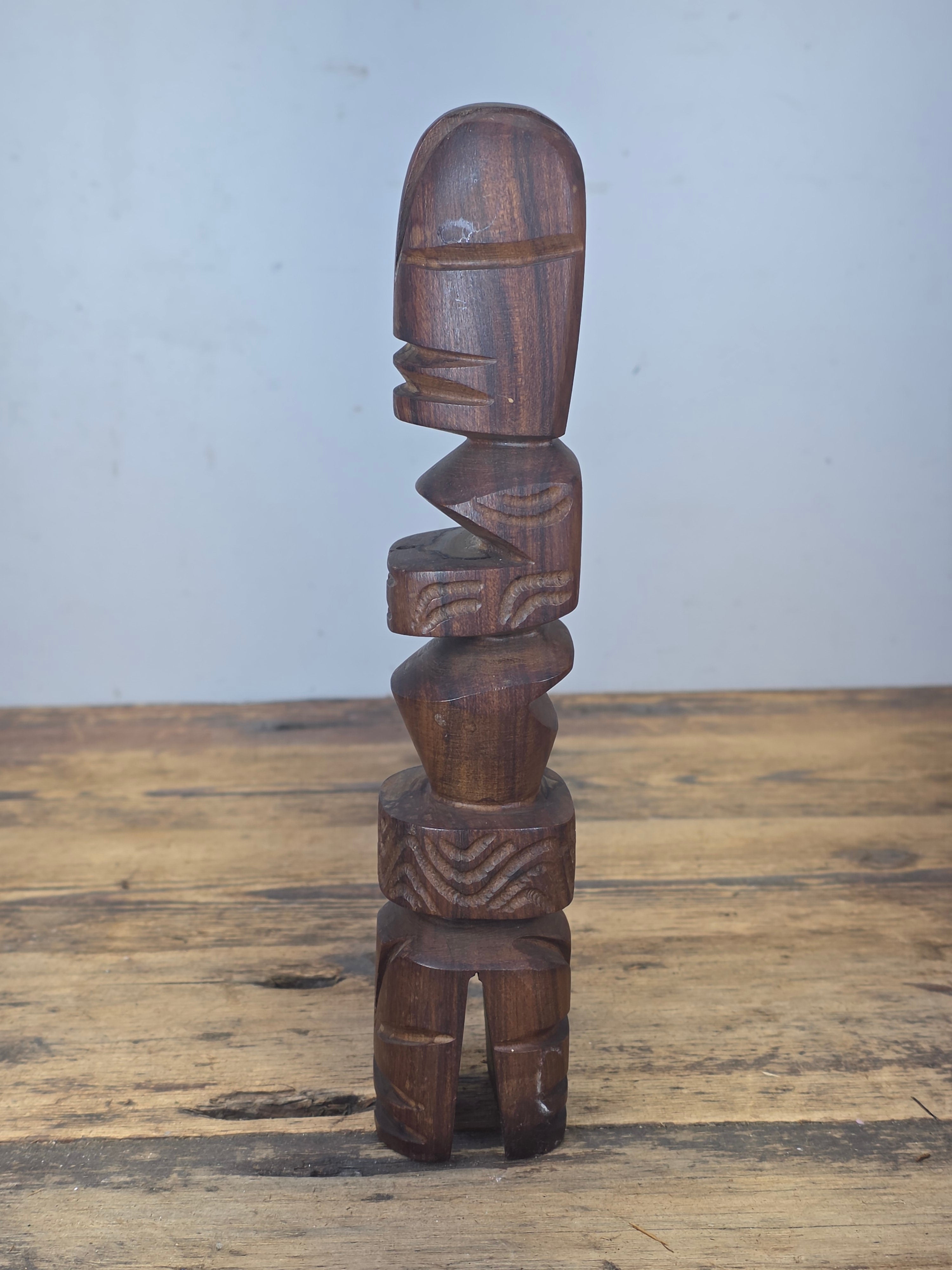 Vintage Hand Carved Wood Tiki Totem Pole Incense Burner Holder Hawaiian MCM 10"