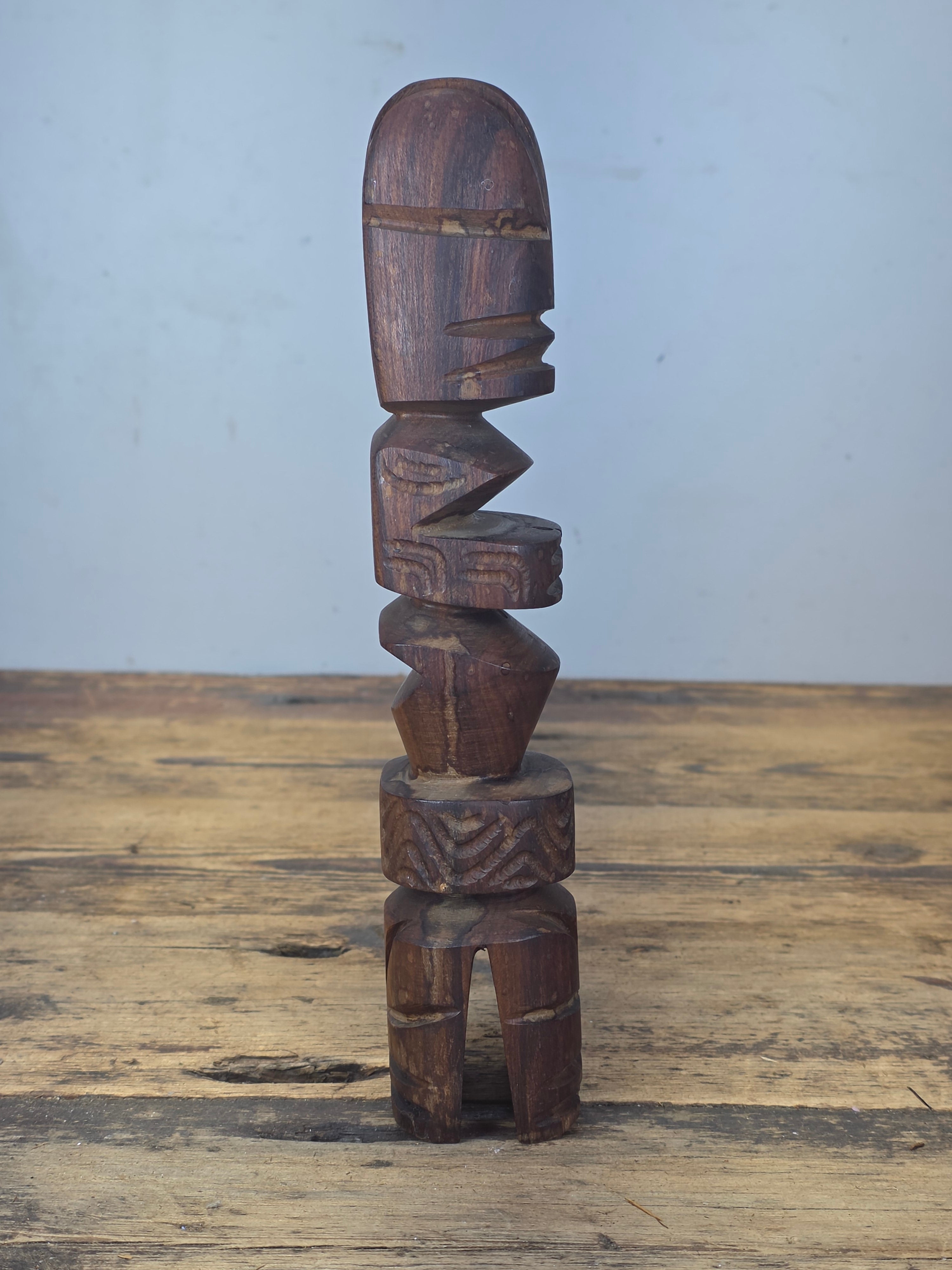 Vintage Hand Carved Wood Tiki Totem Pole Incense Burner Holder Hawaiian MCM 10"