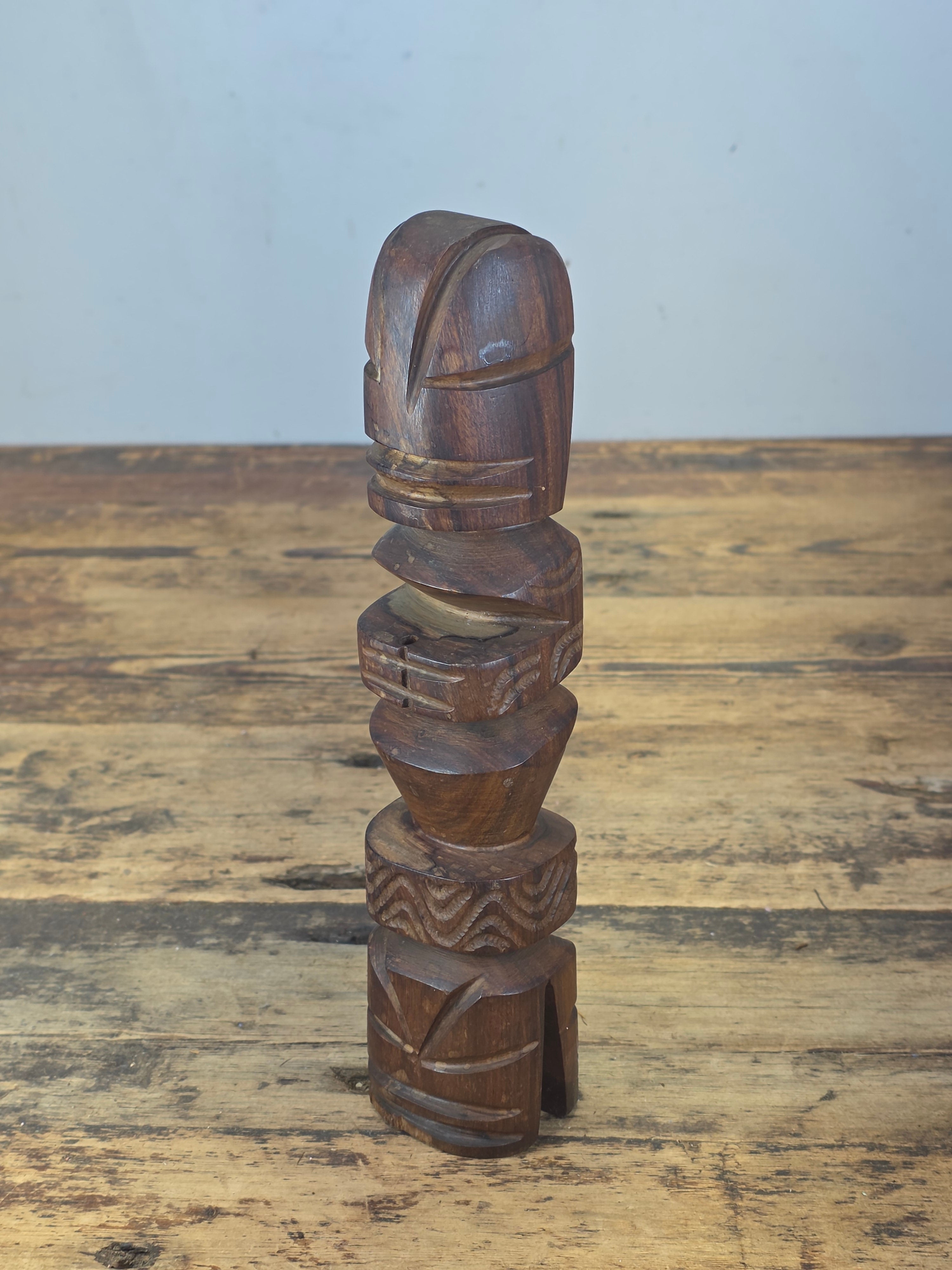 Vintage Hand Carved Wood Tiki Totem Pole Incense Burner Holder Hawaiian MCM 10"